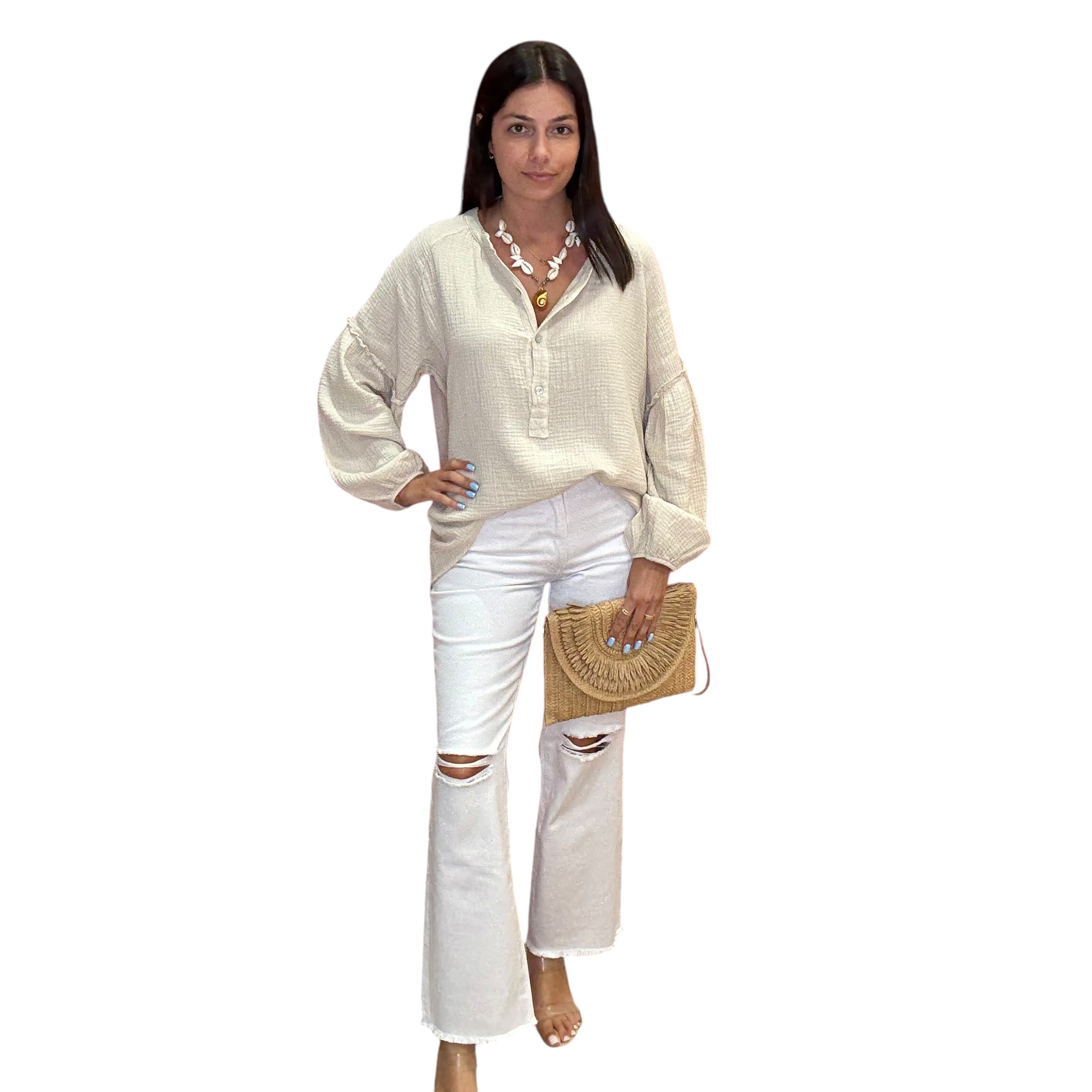 Gauze Long Sleeve Shirt – Beige available at Alicia DiMichele Boutique – stylish women’s fashion and accessories.
