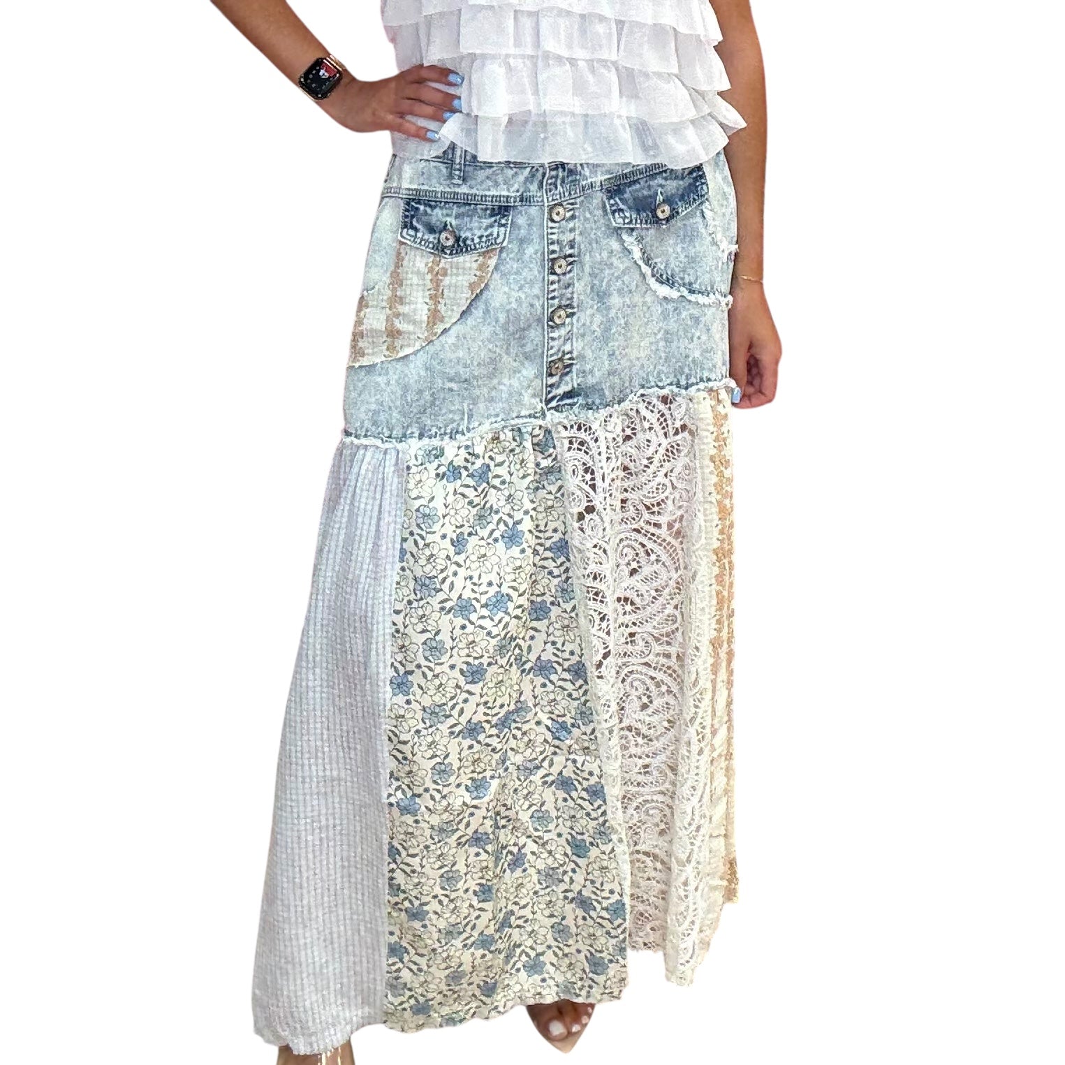 Denim Lace Floral Skirt available at Alicia DiMichele Boutique – stylish women’s fashion and accessories.