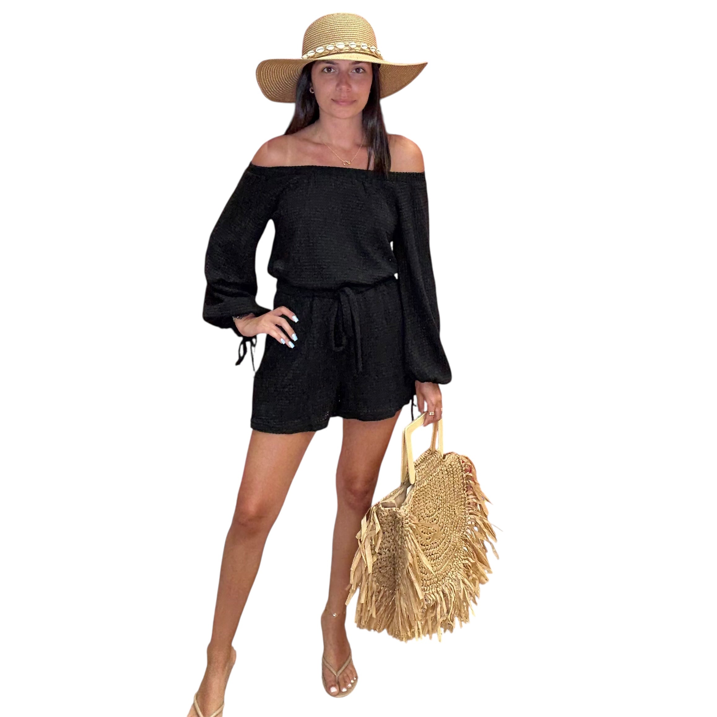 Off-Shoulder Waffle Knit Romper – Black available at Alicia DiMichele Boutique – stylish women’s fashion and accessories.
