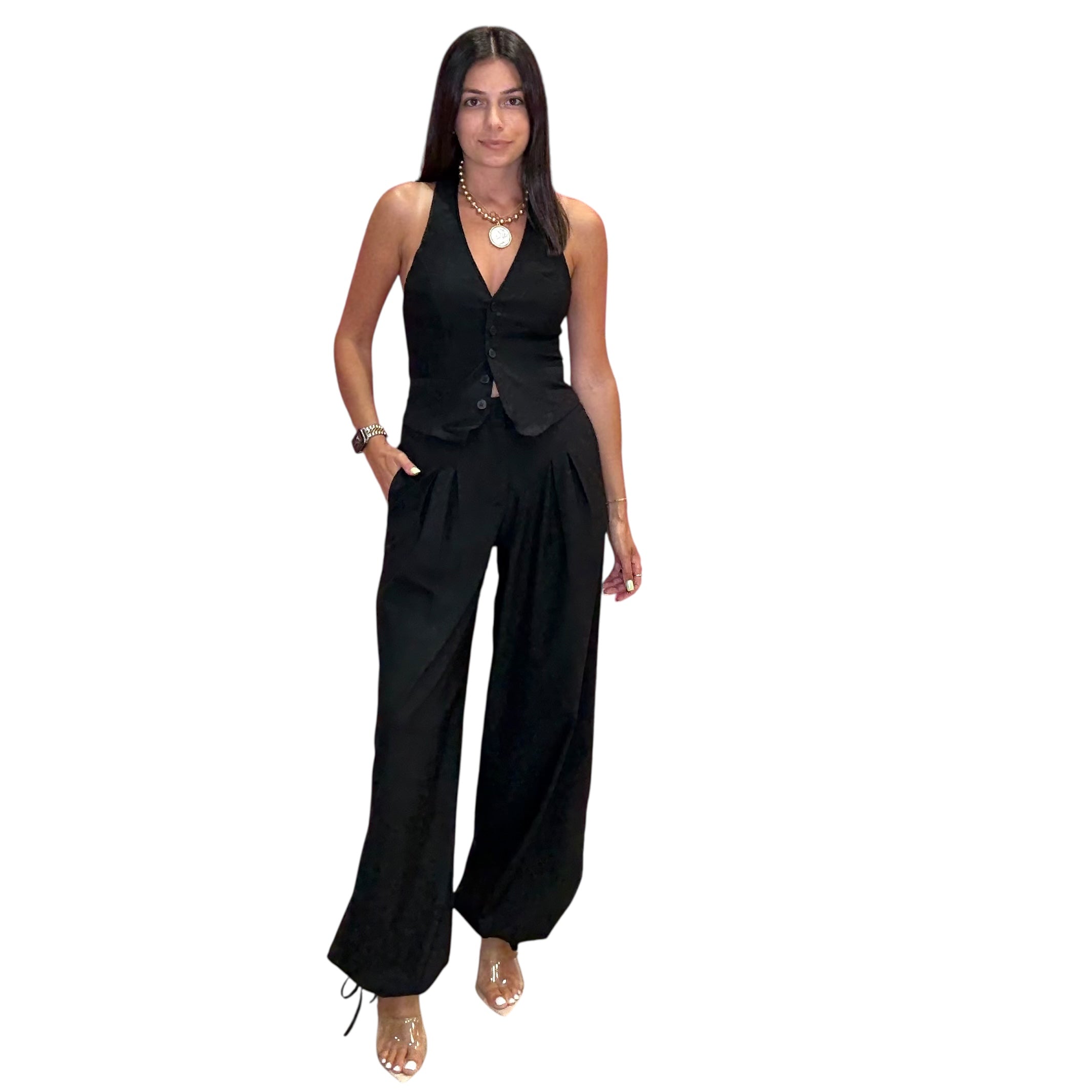 Black Wide-Leg Pintuck Pants – Elastic Waist with Drawstring