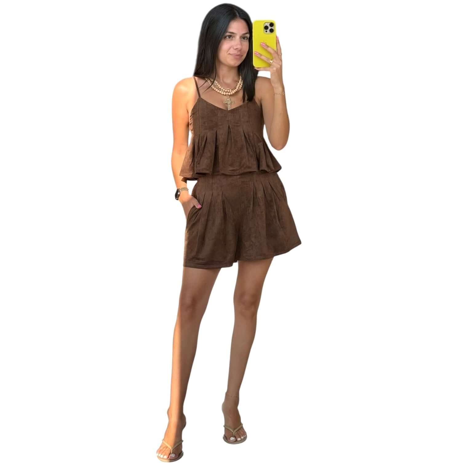 Suede Pleated Shorts Set – Brown – Alicia DiMichele Boutique