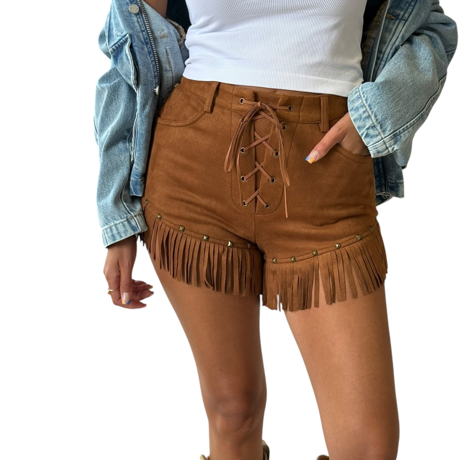 Wild West Suede Lace-Up Shorts – Black Fringe & Stud Detail