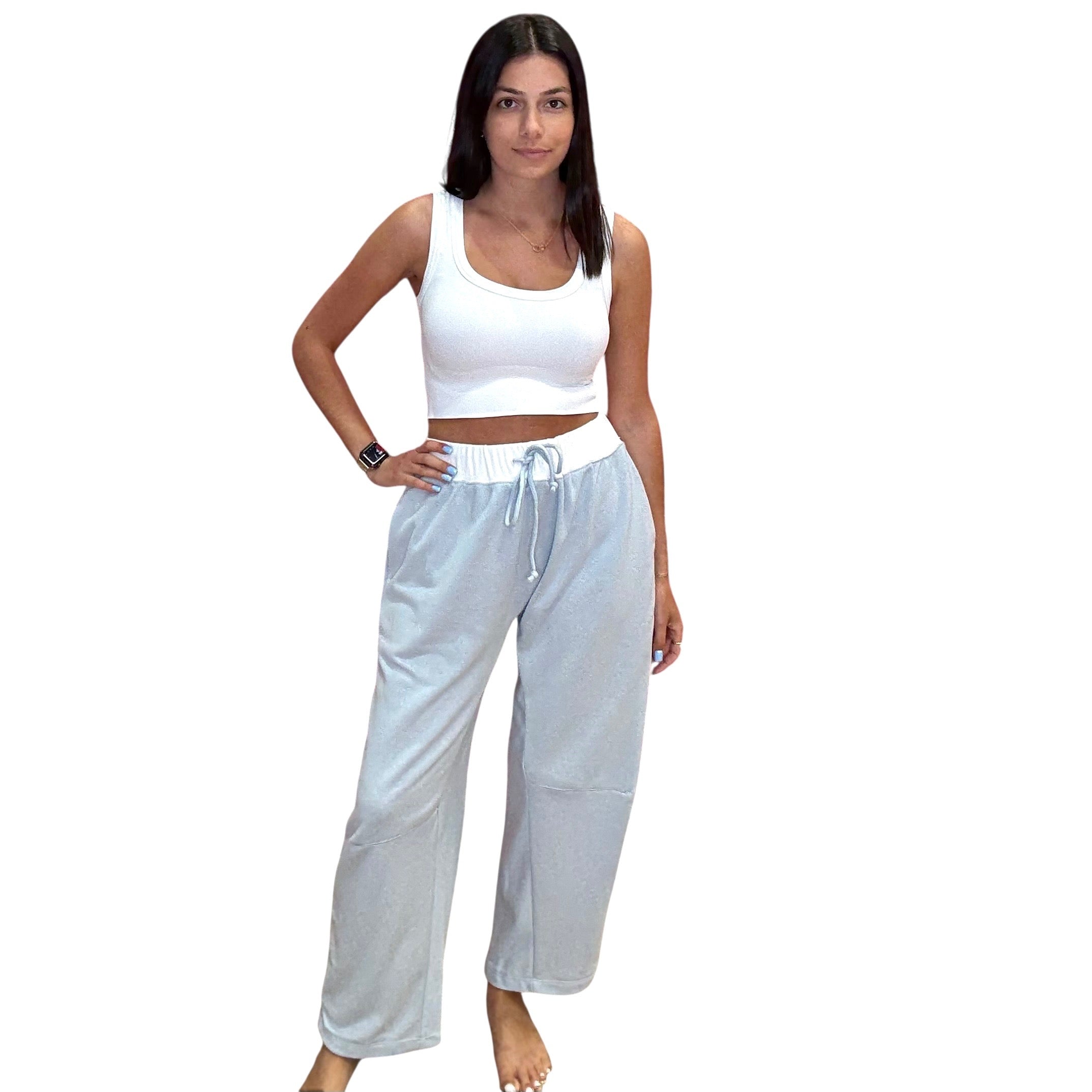 Sky Blue Barrel Pants available at Alicia DiMichele Boutique – stylish women’s fashion and accessories.