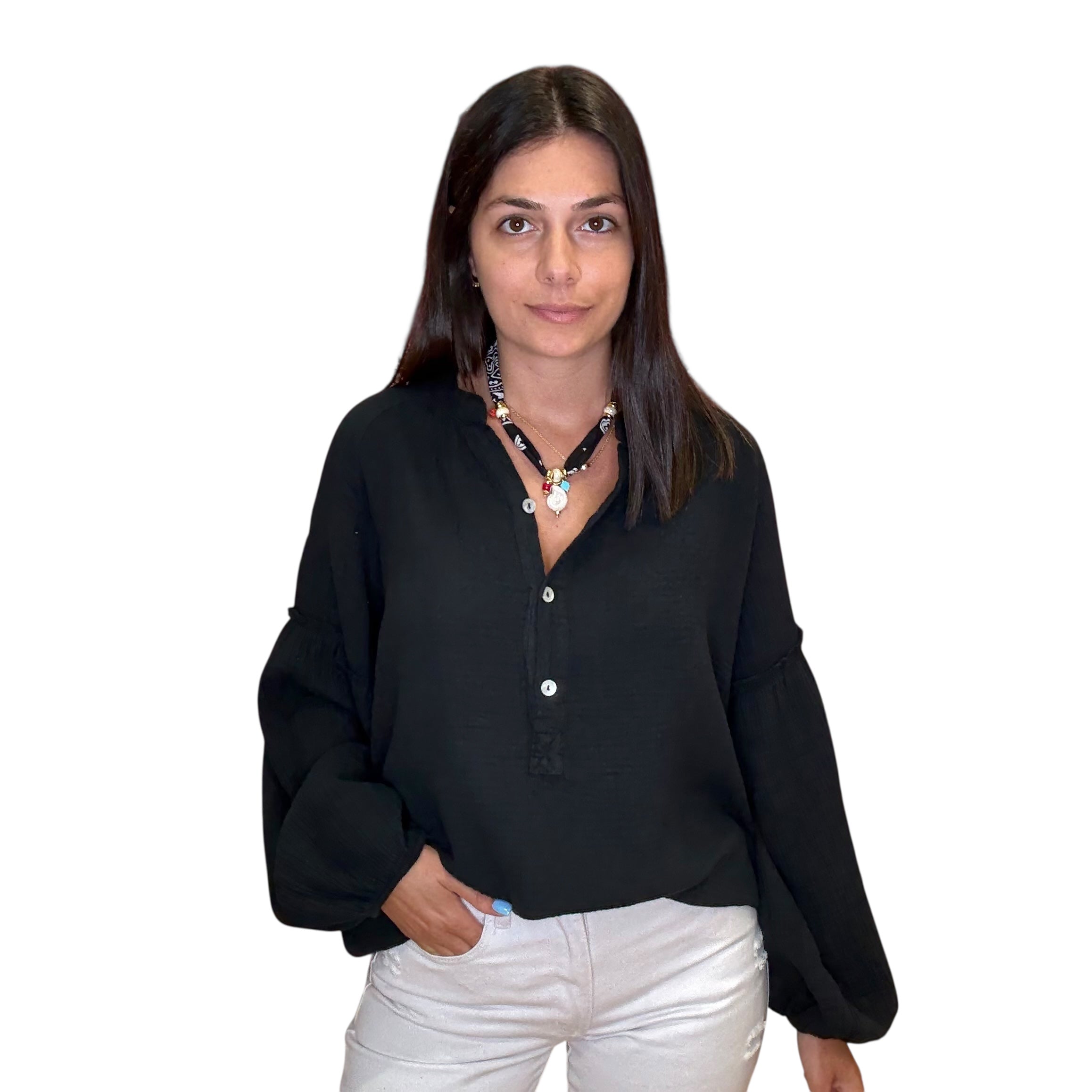 Gauze Long Sleeve Shirt – Black available at Alicia DiMichele Boutique – stylish women’s fashion and accessories.