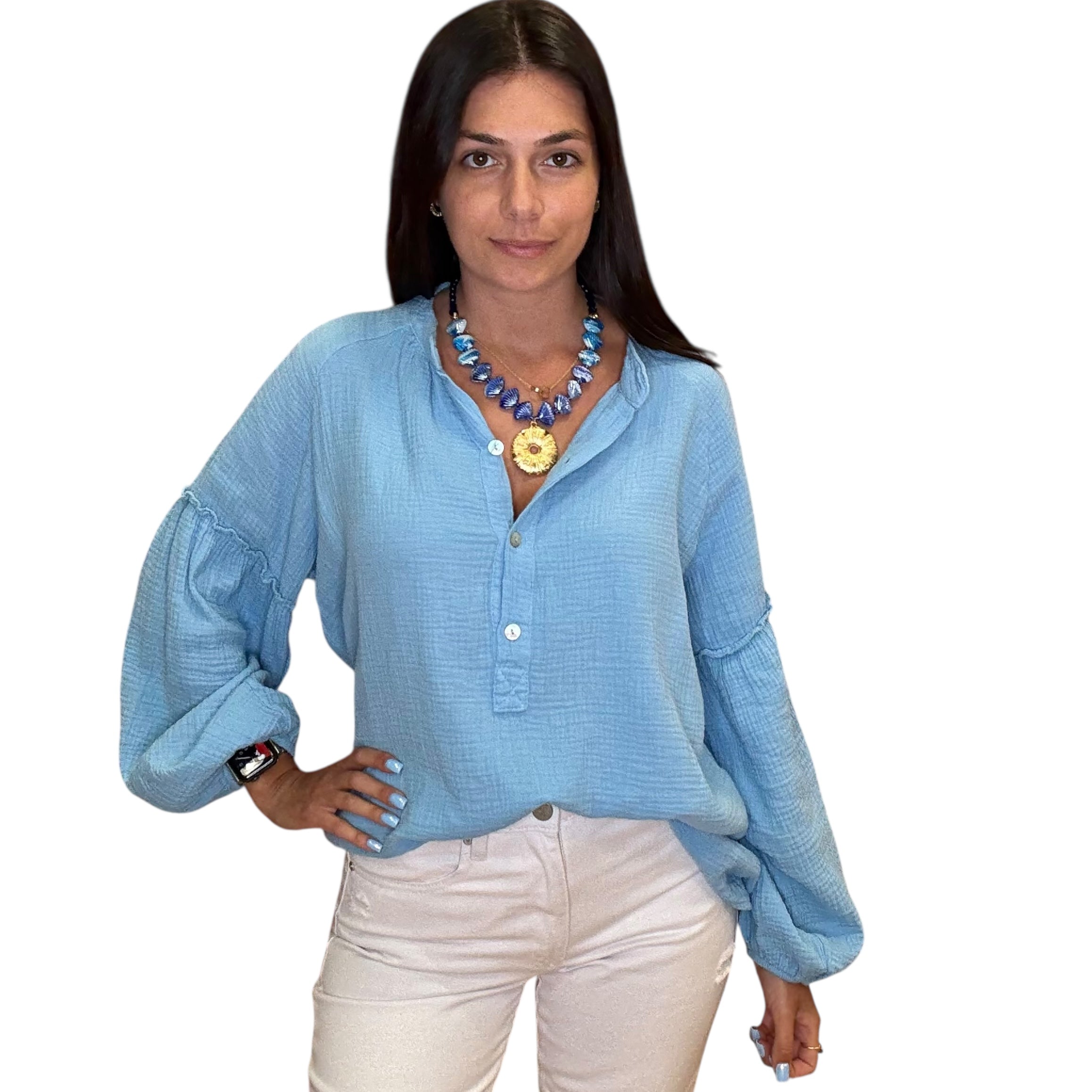 Gauze Long Sleeve Shirt – Blue available at Alicia DiMichele Boutique – stylish women’s fashion and accessories.