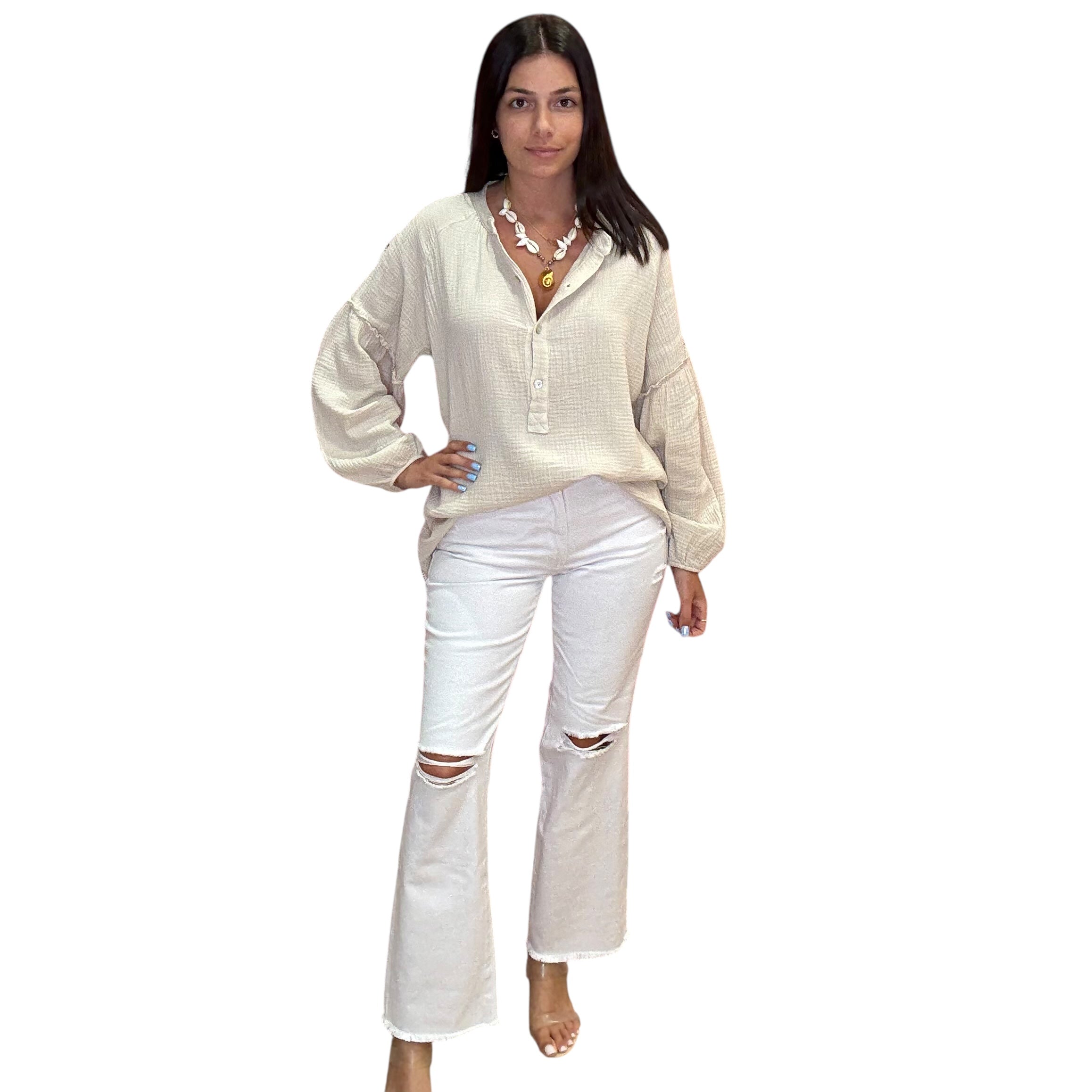 Gauze Long Sleeve Shirt – Beige available at Alicia DiMichele Boutique – stylish women’s fashion and accessories.