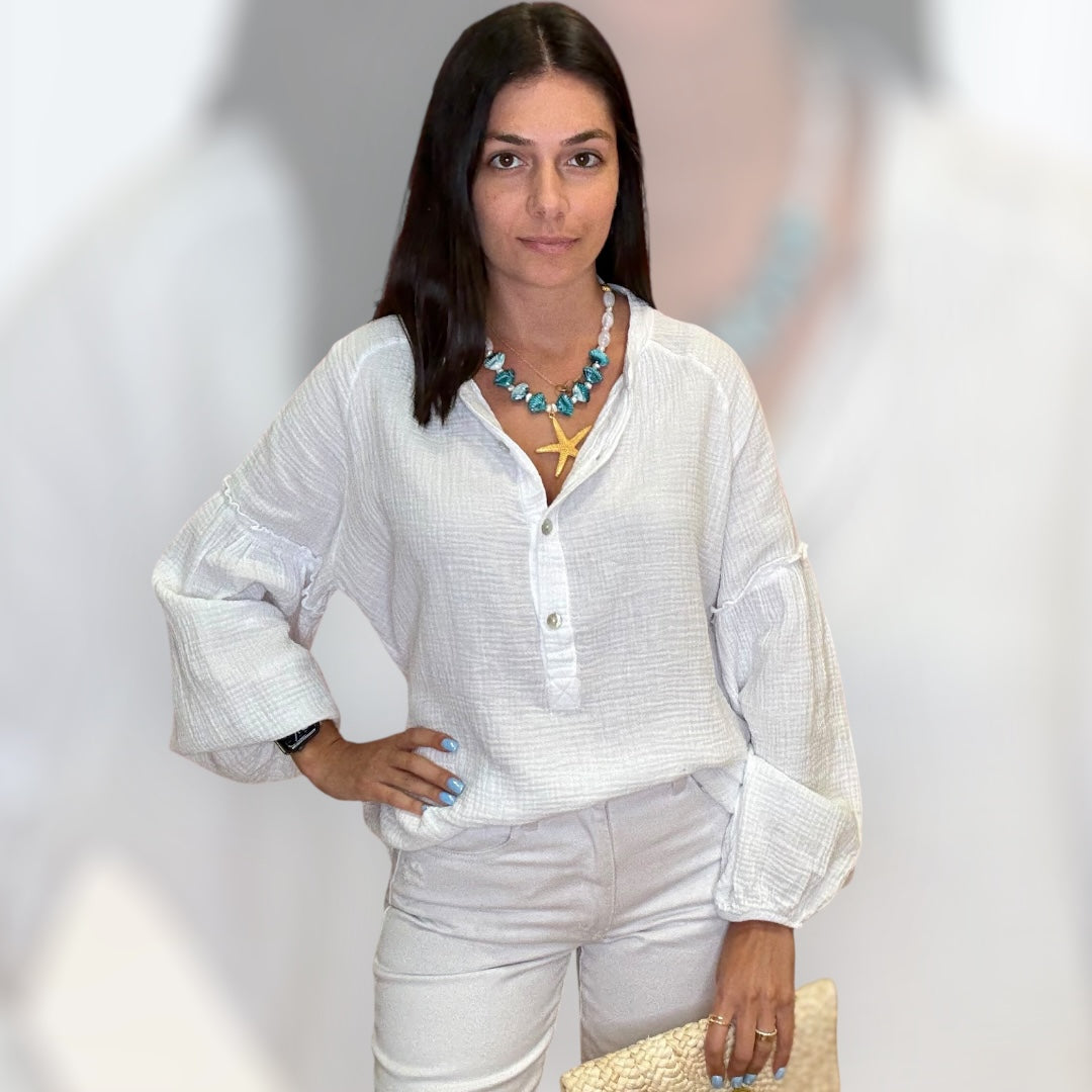 Gauze Long Sleeve Shirt – White available at Alicia DiMichele Boutique – stylish women’s fashion and accessories.