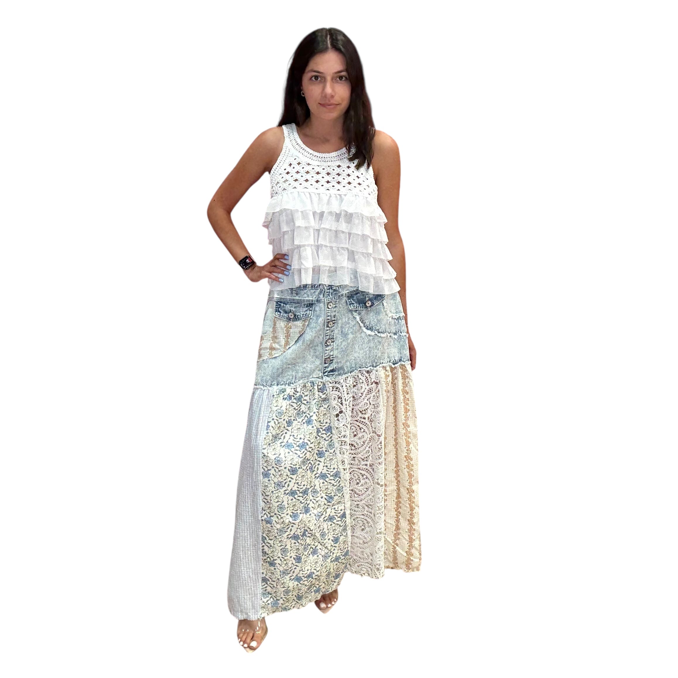 Denim Lace Floral Skirt available at Alicia DiMichele Boutique – stylish women’s fashion and accessories.
