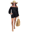 Off-Shoulder Waffle Knit Romper – Black available at Alicia DiMichele Boutique – stylish women’s fashion and accessories.