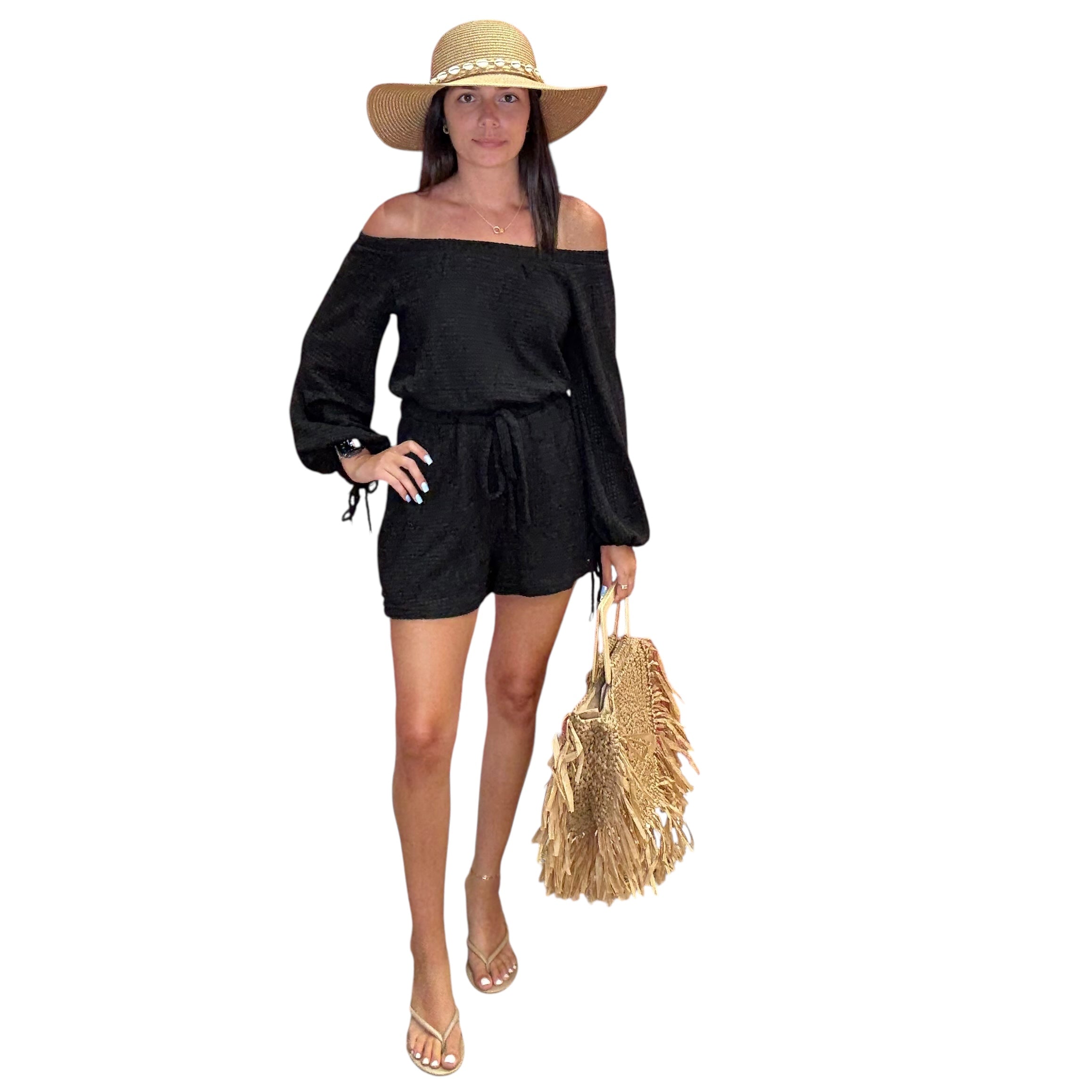 Off-Shoulder Waffle Knit Romper – Black available at Alicia DiMichele Boutique – stylish women’s fashion and accessories.