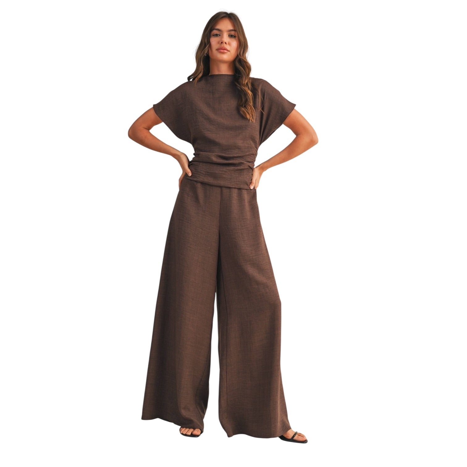 Mocha Muse Wide-Leg Jumpsuit – Brown Ruched One-Piece – Alicia