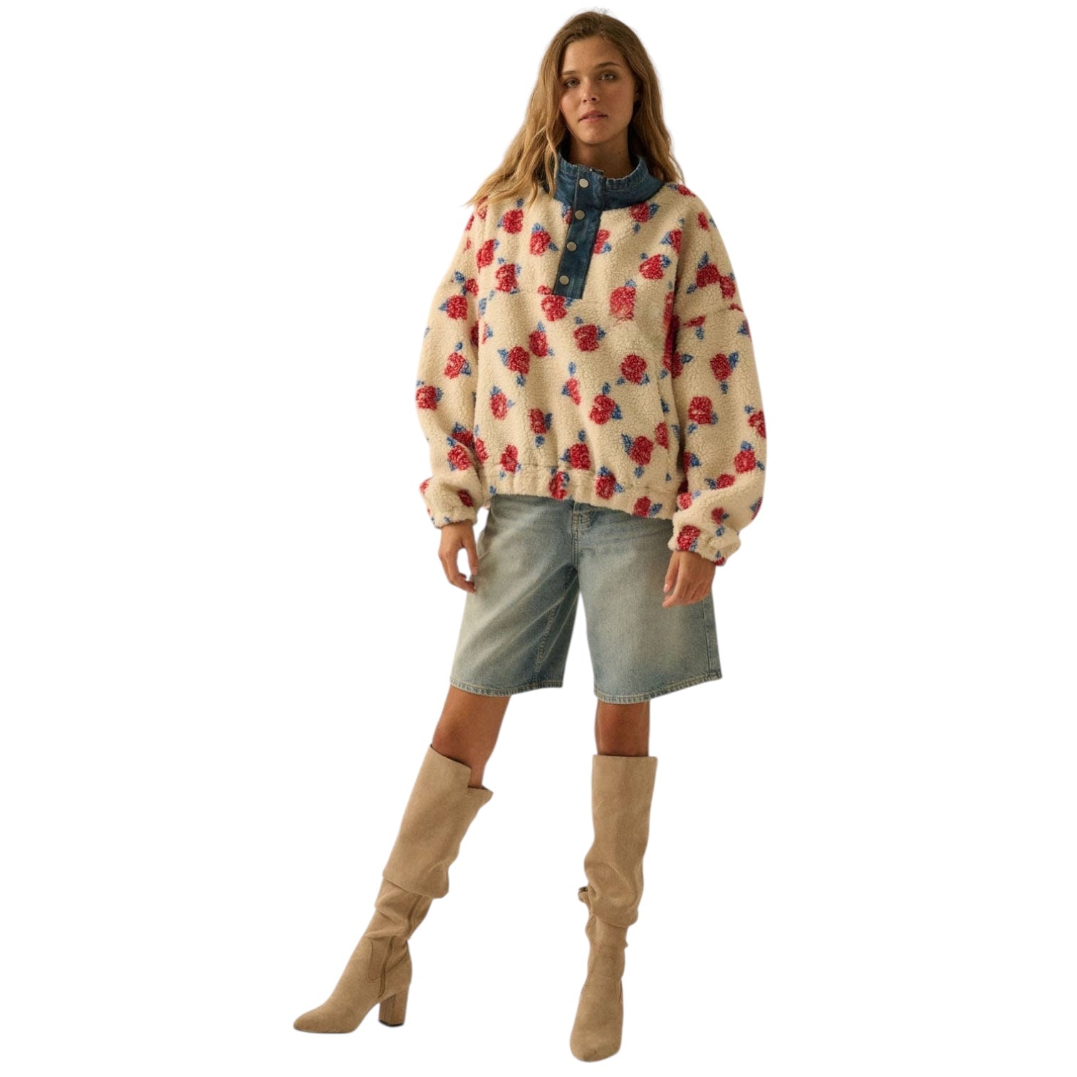 Floral Fleece & Denim Half-Zip Pullover – Cream | Alicia DiMichele