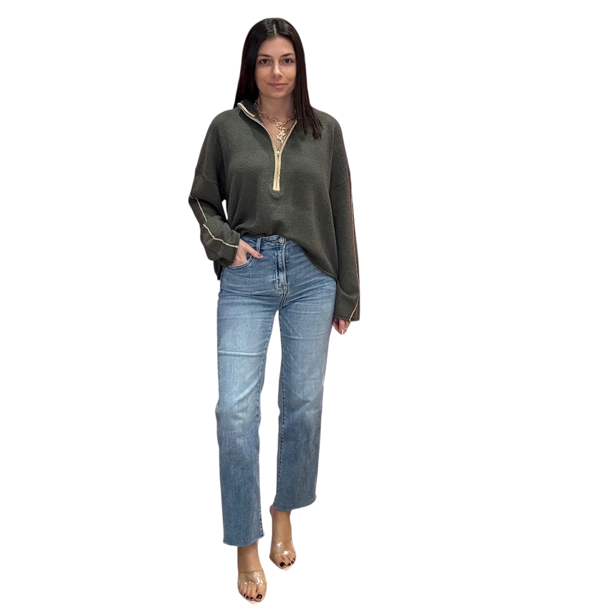 Charcoal Half-Zip Knit Sweater – Textured Sporty Pullover – Alicia