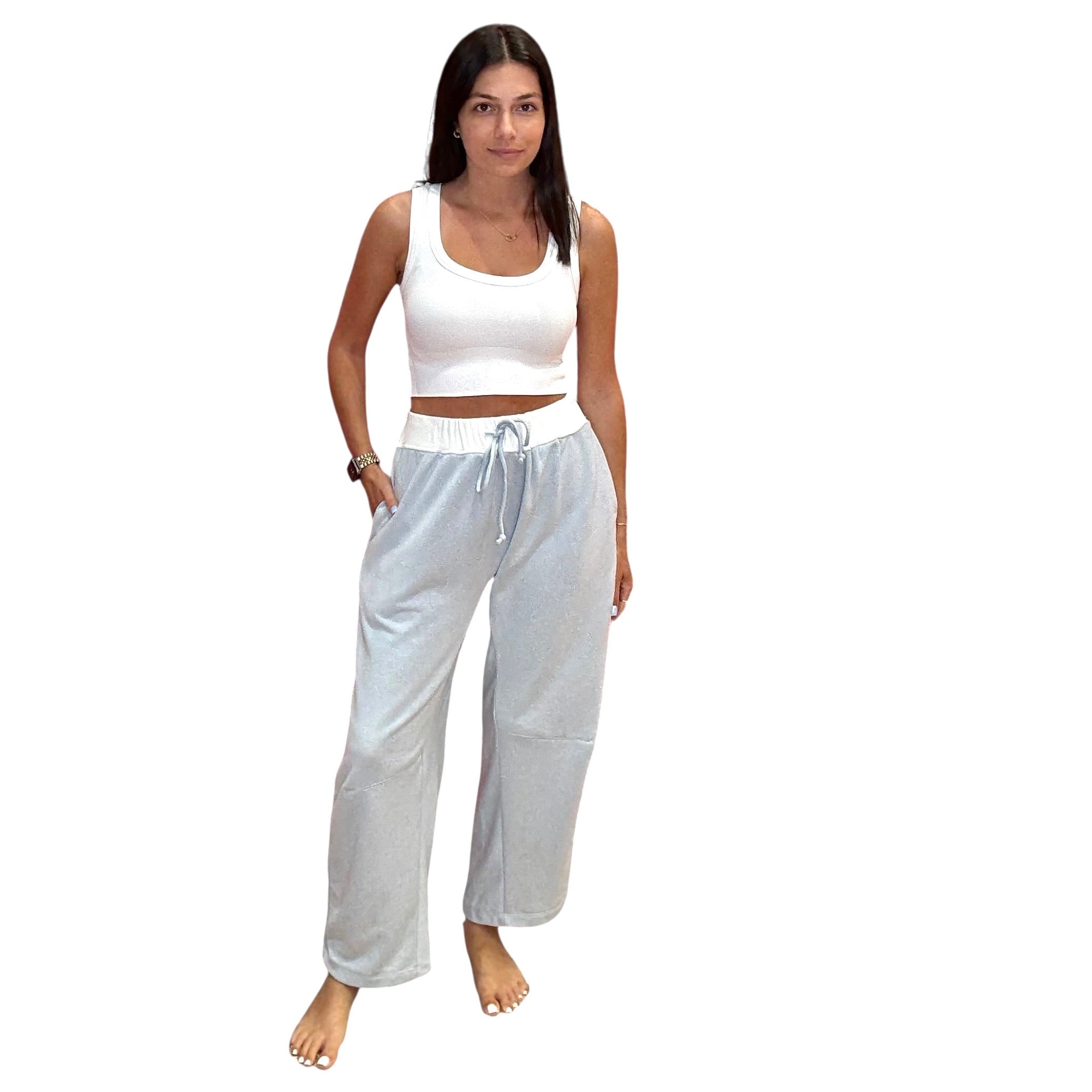 Sky Blue Barrel Pants available at Alicia DiMichele Boutique – stylish women’s fashion and accessories.