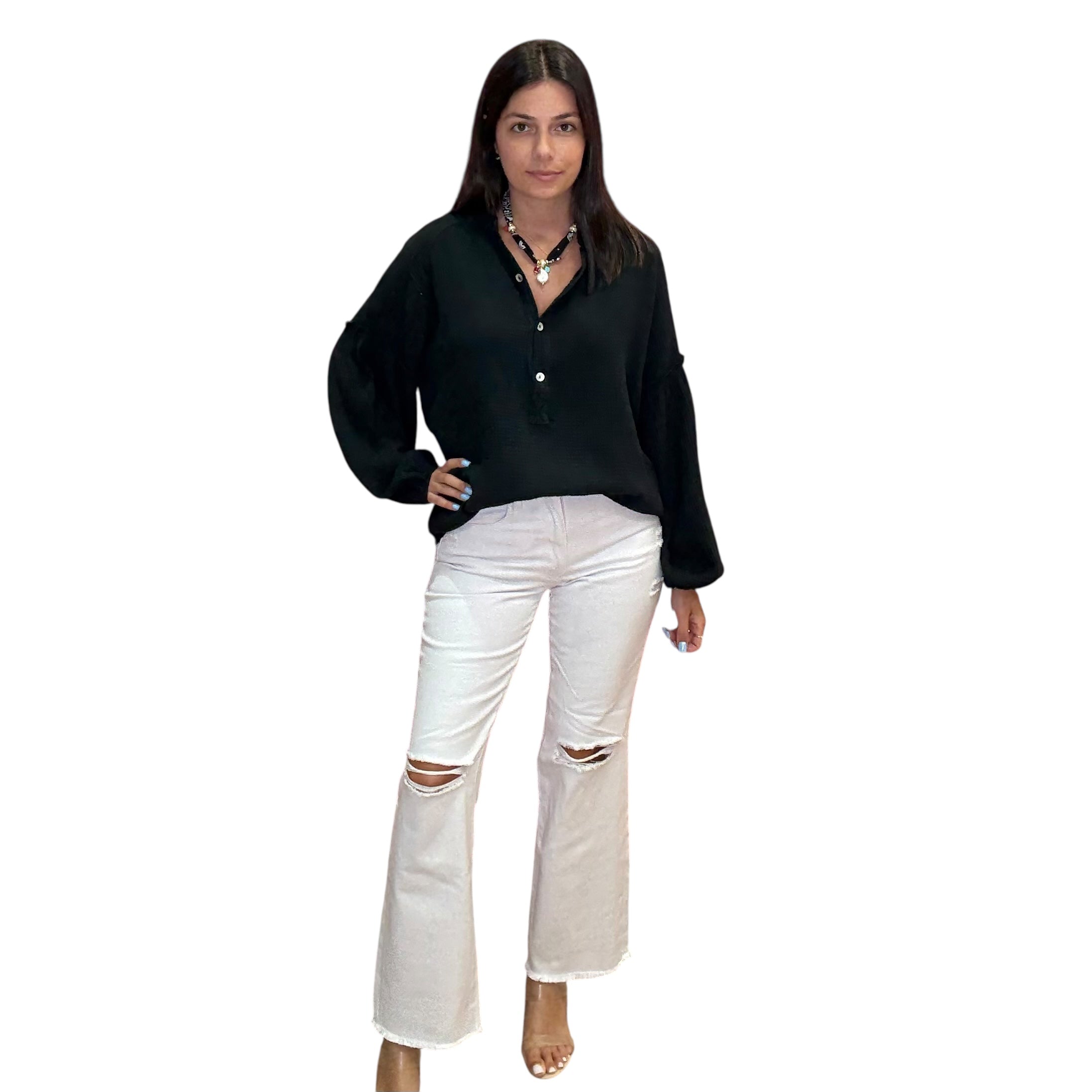 Gauze Long Sleeve Shirt – Black available at Alicia DiMichele Boutique – stylish women’s fashion and accessories.