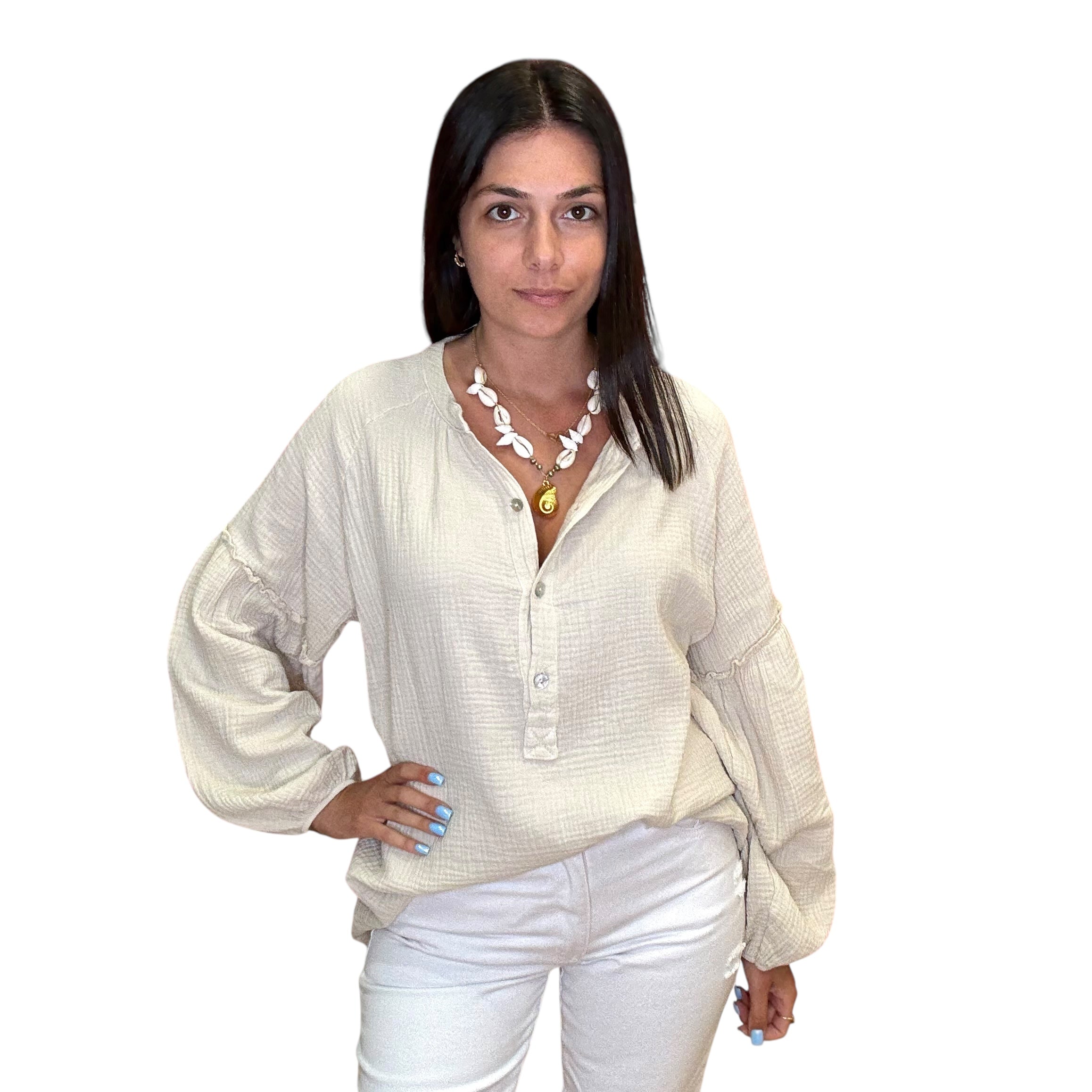 Gauze Long Sleeve Shirt – Beige available at Alicia DiMichele Boutique – stylish women’s fashion and accessories.
