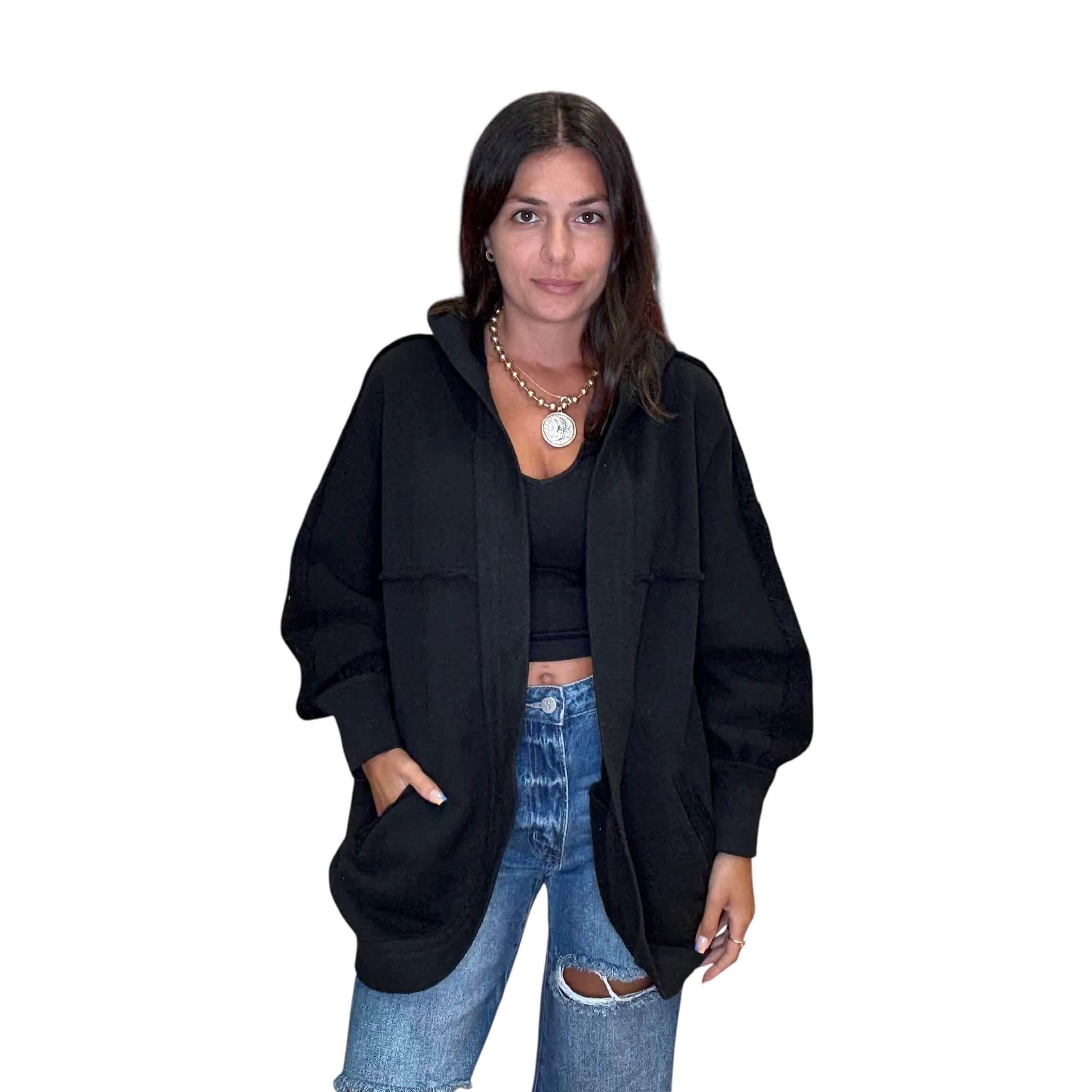 Midnight Hooded Cardi Black – Oversized Black Knit – Alicia