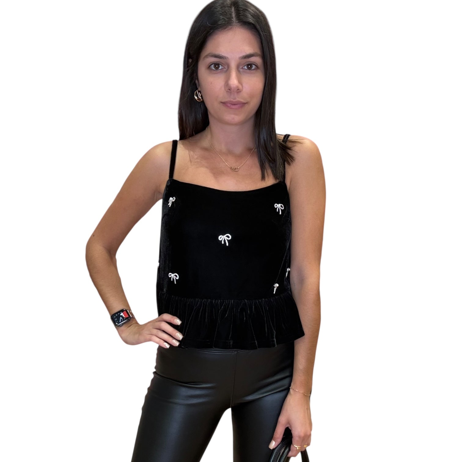 Black Velvet Babydoll Christmas Top – Rhinestone & Ribbon