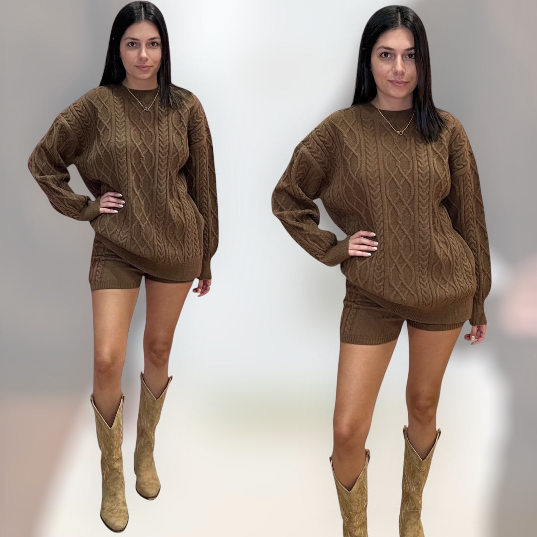 Cozy Cable Knit Sweater and Shorts Set Cappuccino | Alicia