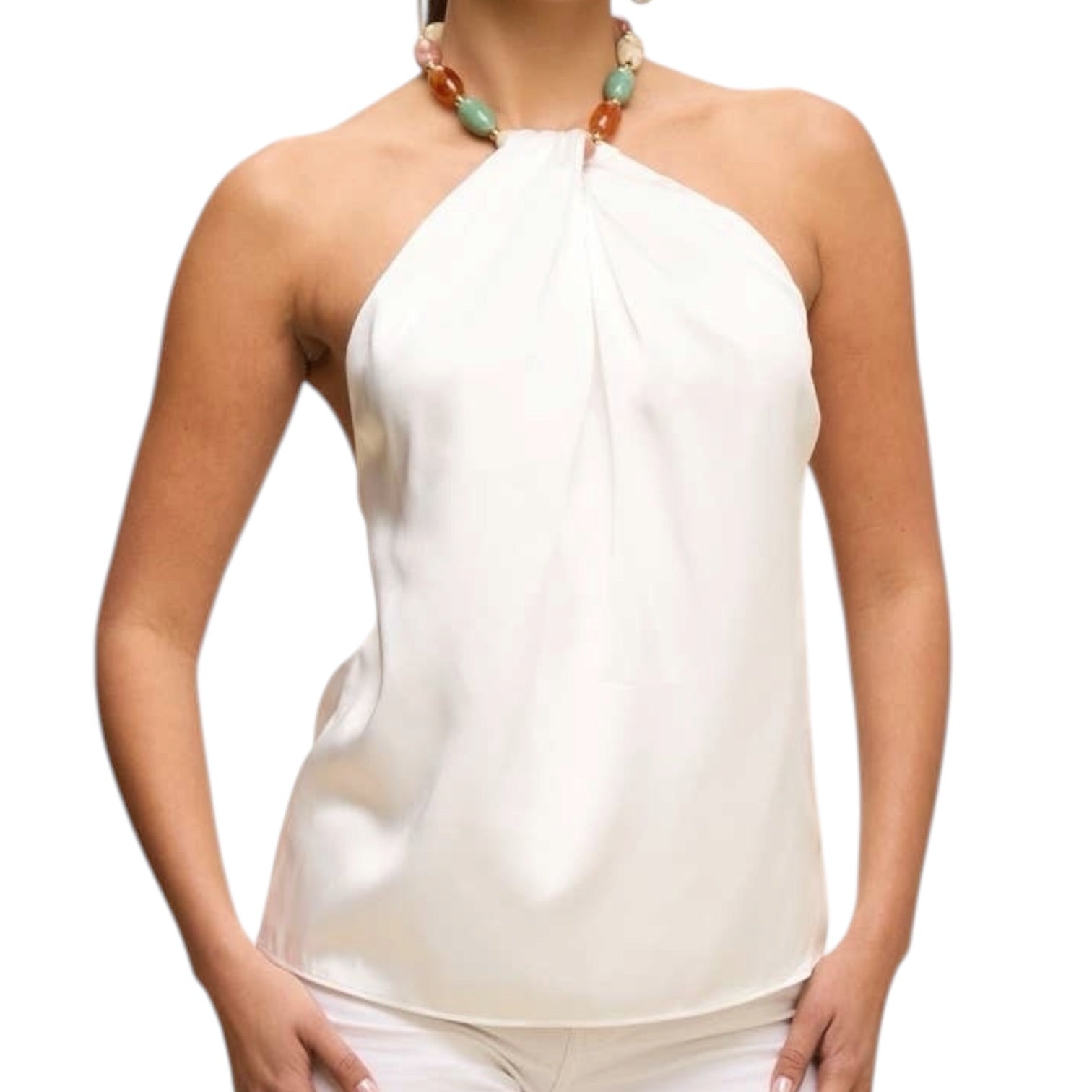 White halter top worn by a person on a white background