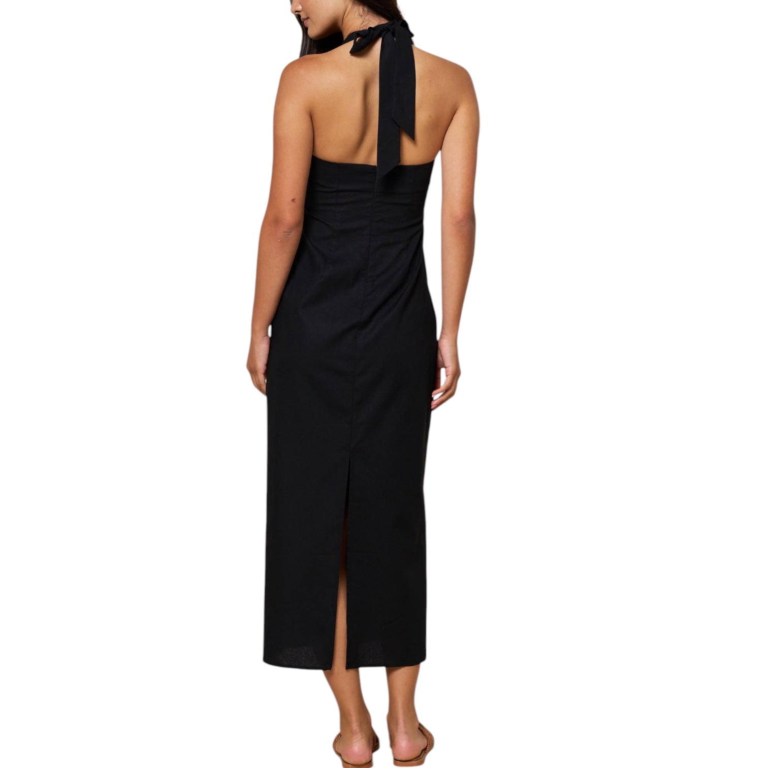 Black halter neck dress with a side slit on a white background