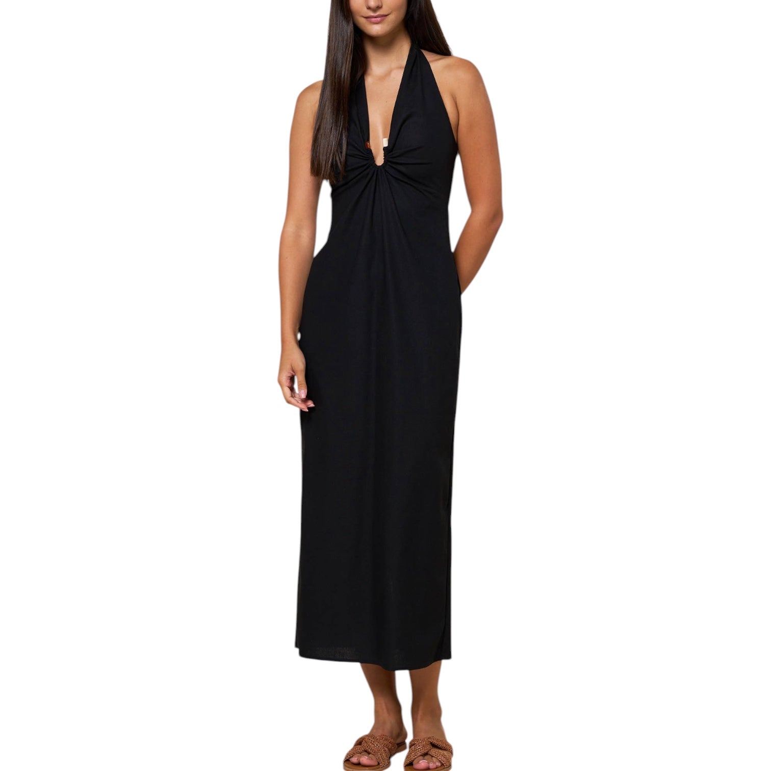 black beaded halter dress Black Beaded Halter V-Neck Slit Column Prom Dress