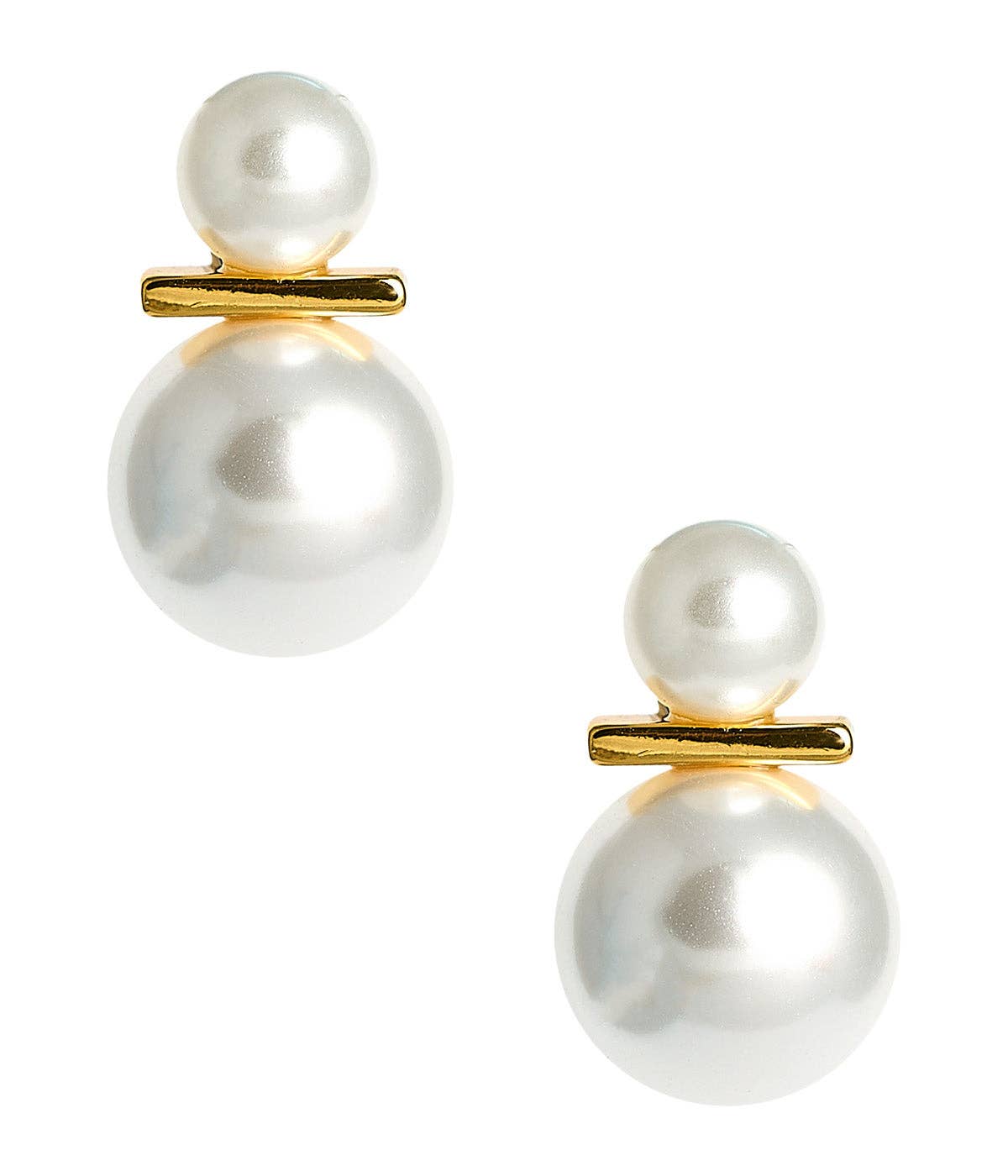 Pair of pearl earrings with gold bars on a white background