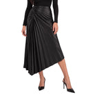 A black pleated midi skirt with a ruched waist, worn by a model in a black long-sleeve top and black pointed-toe heels against a plain white background.