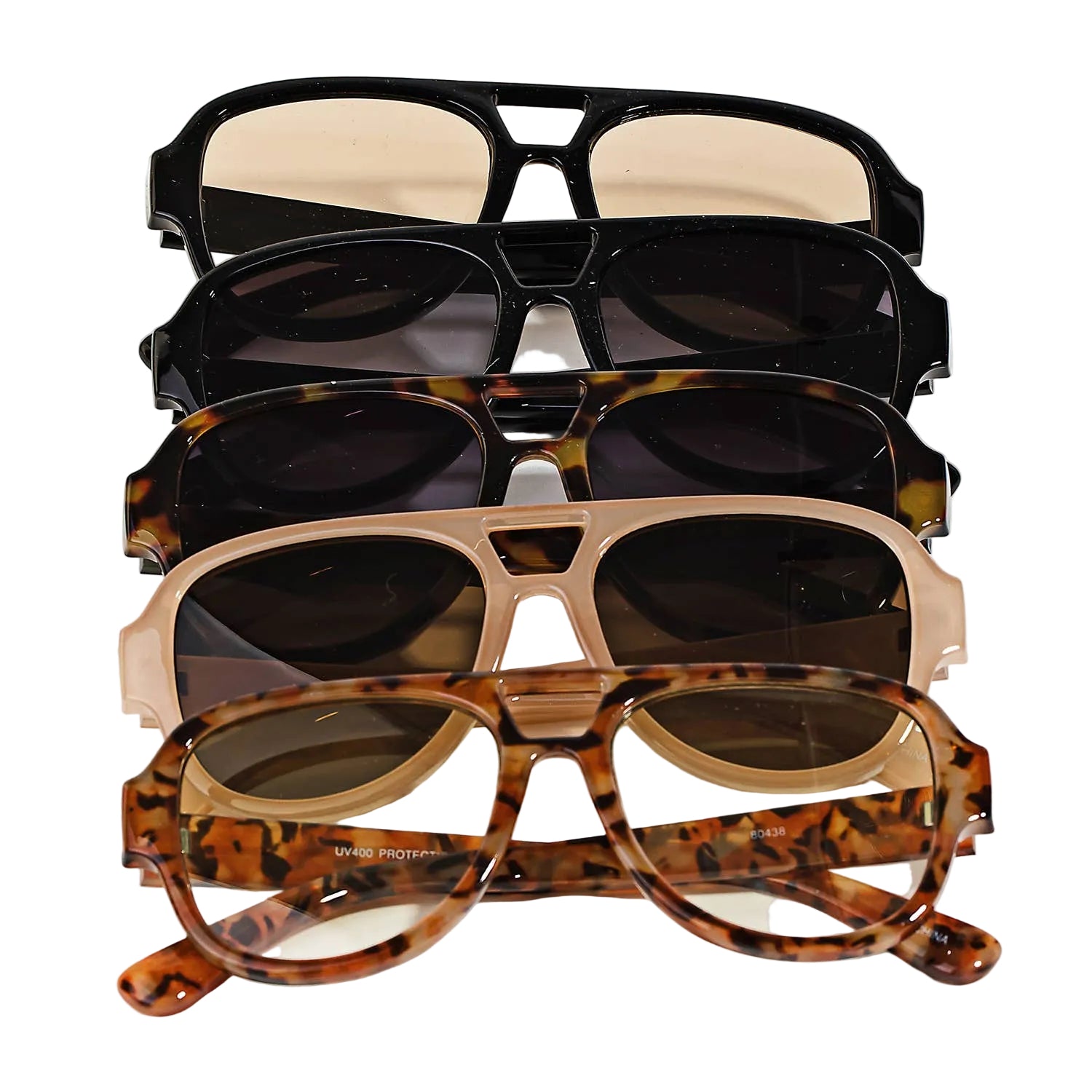 Four pairs of sunglasses with different frame designs on a white background