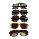 Five pairs of sunglasses in different styles and colors arranged on a white background.