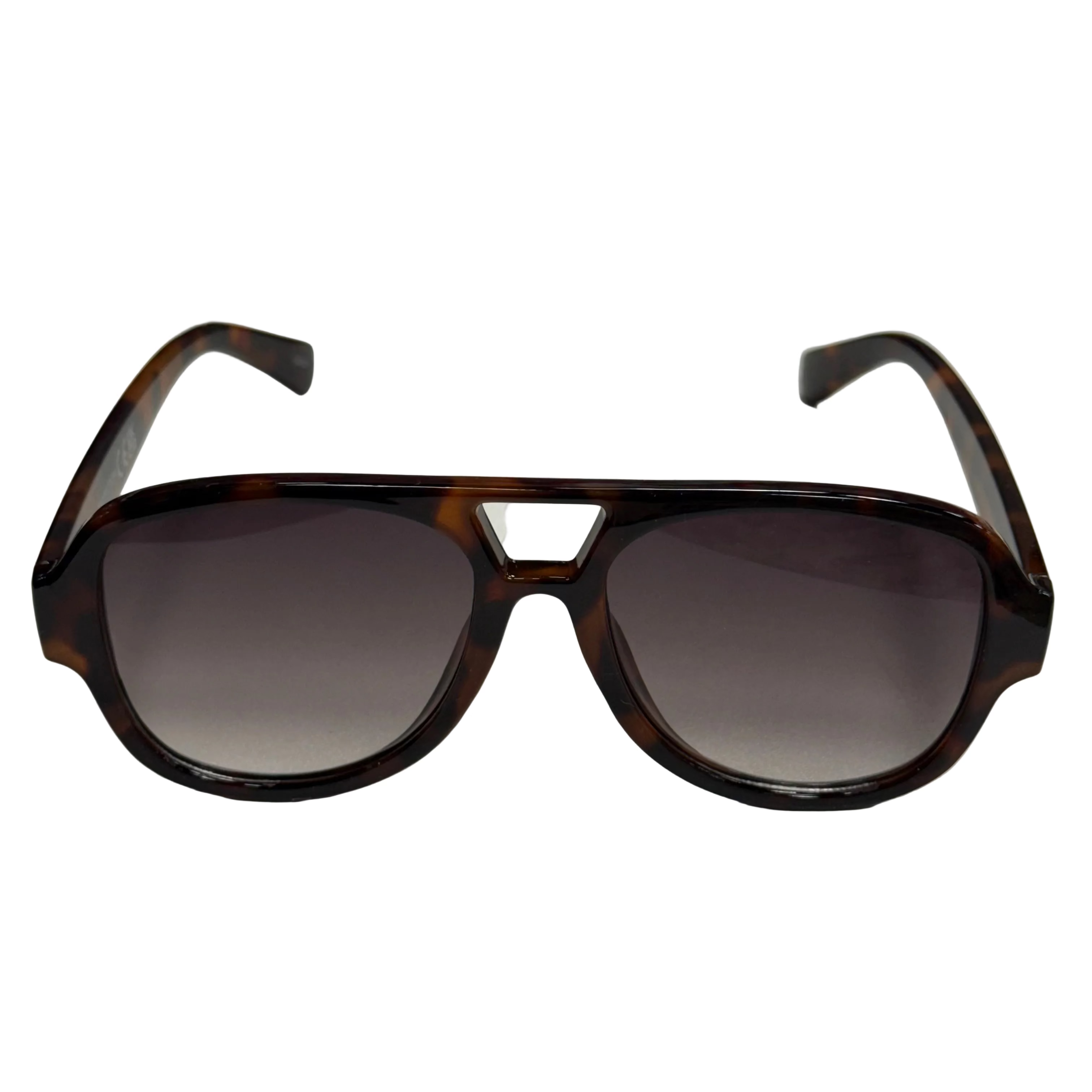 Sunglasses with tortoiseshell frame and dark lenses on a light gray background