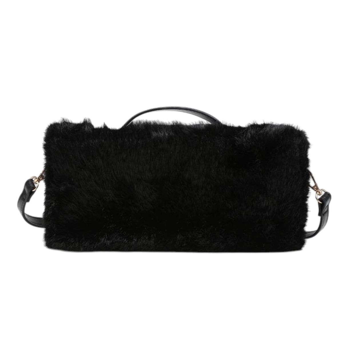 A black faux fur shoulder bag with a black leather top handle and a thin black shoulder strap, shown against a plain white background.
