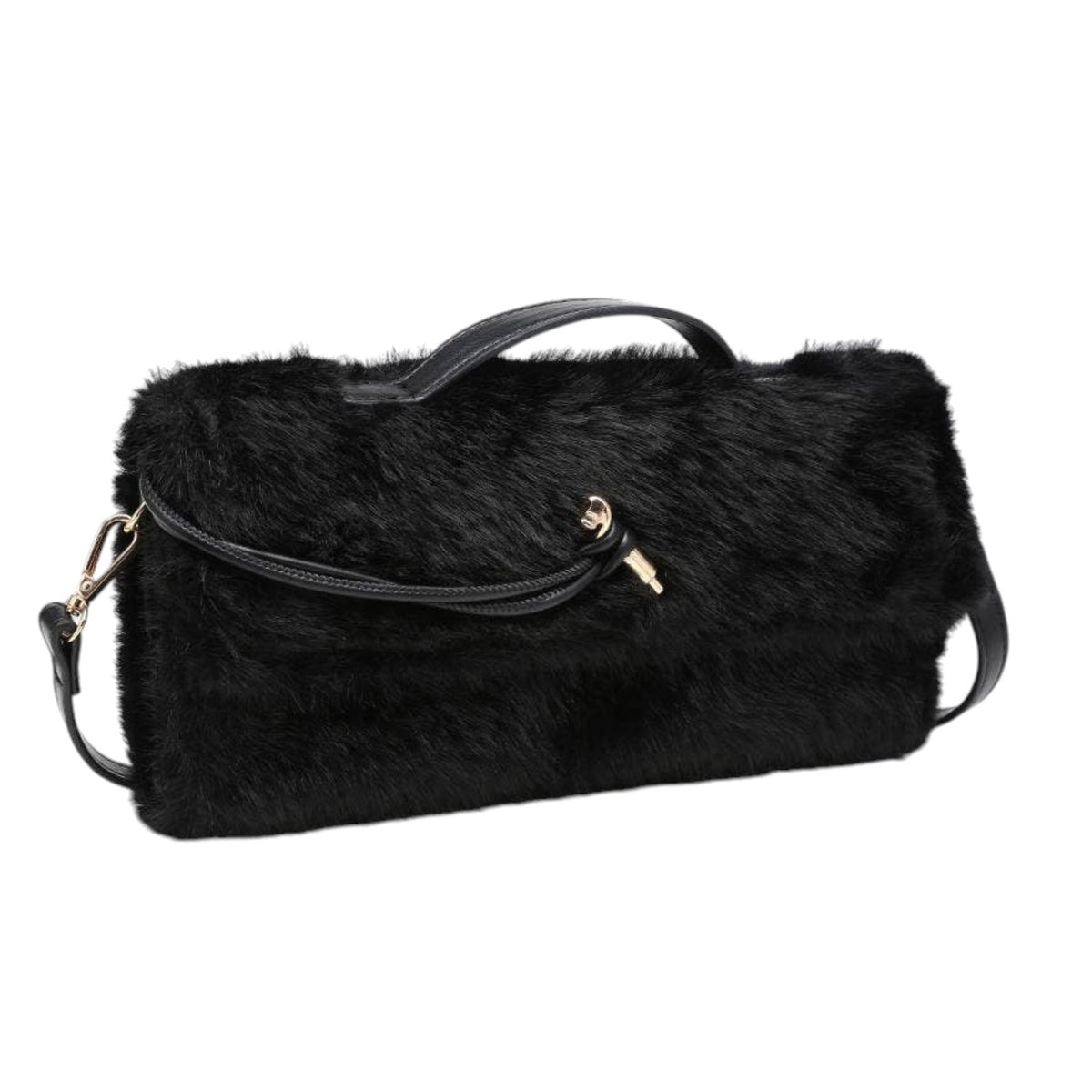 Black faux fur shoulder bag with a top handle, zippered closure, and a small gold-tone accent on a plain white background.