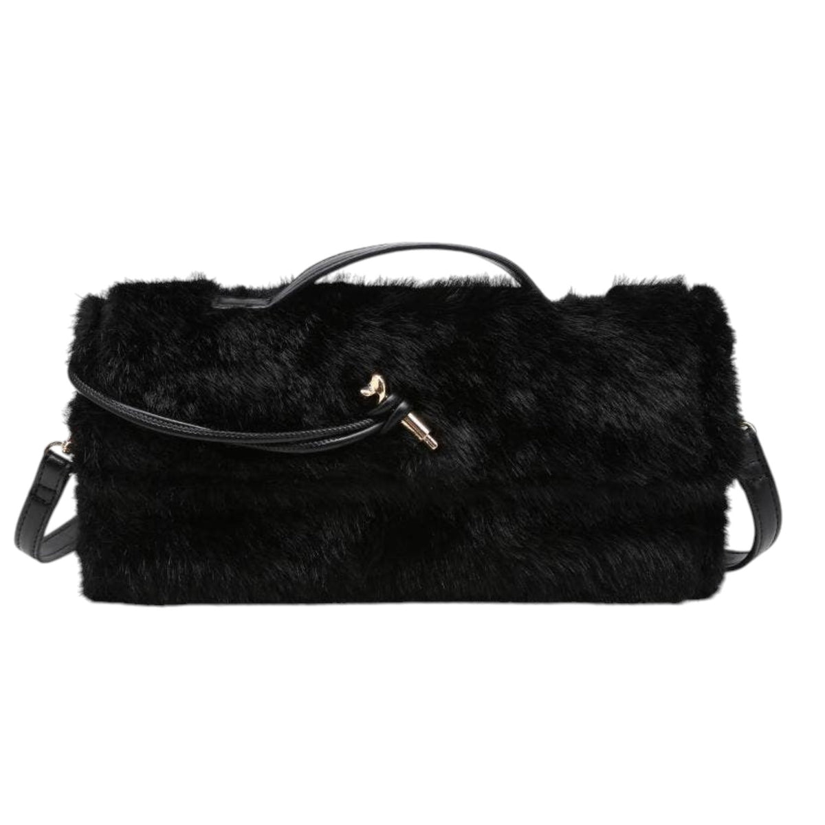 Black faux fur shoulder bag with a top handle, zippered closure, and a small gold-tone accent on a plain white background.