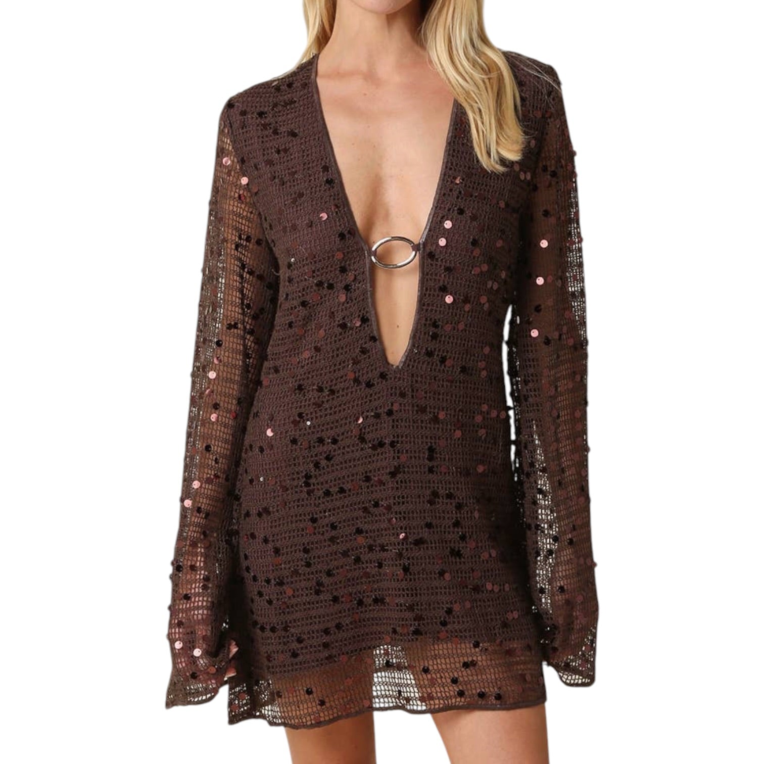 Brown sequin dress with long sleeves on a white background