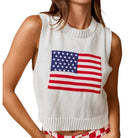 White sleeveless sweater with American flag design worn by a person on a white background