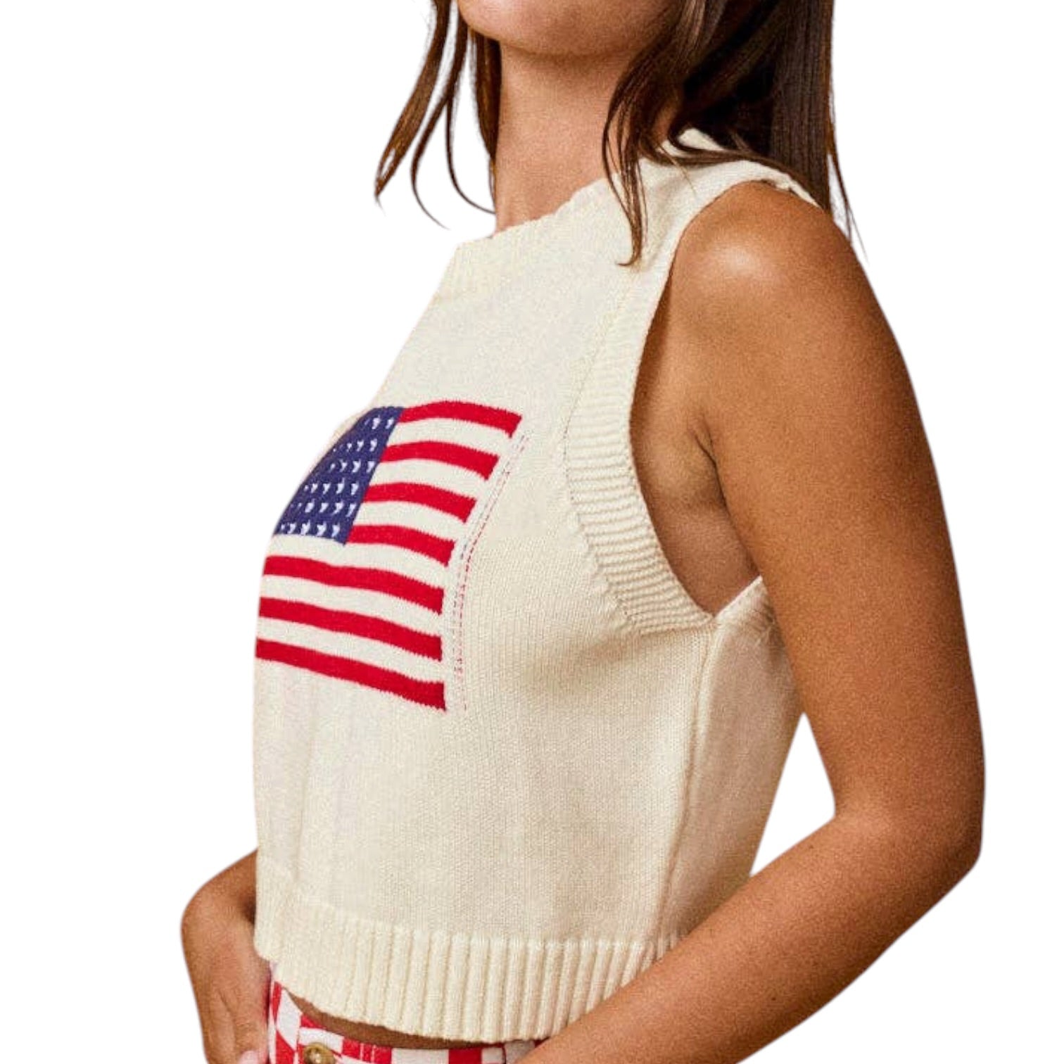 White sleeveless top with American flag design on a white background