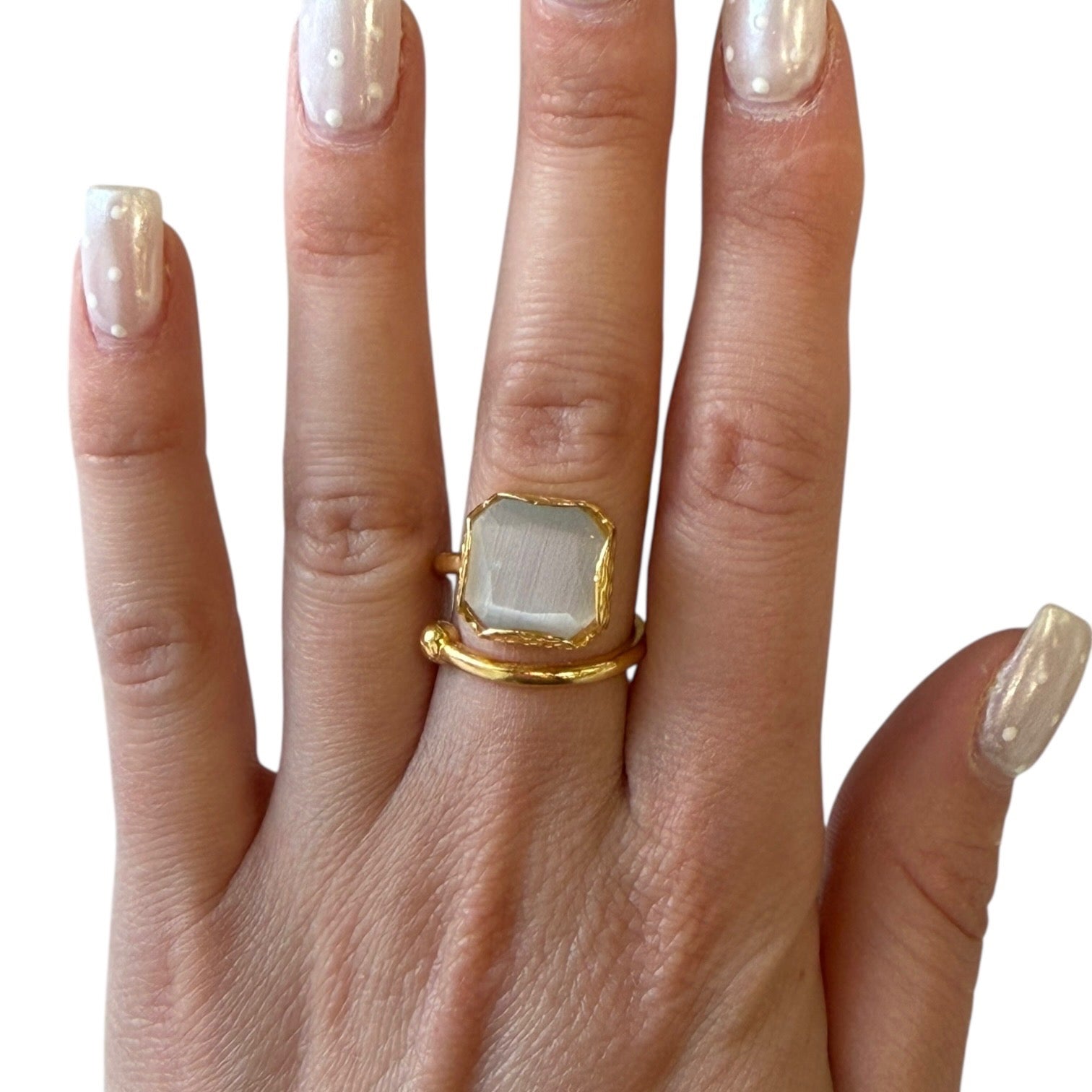 Gold ring with a stone on a hand against a white background