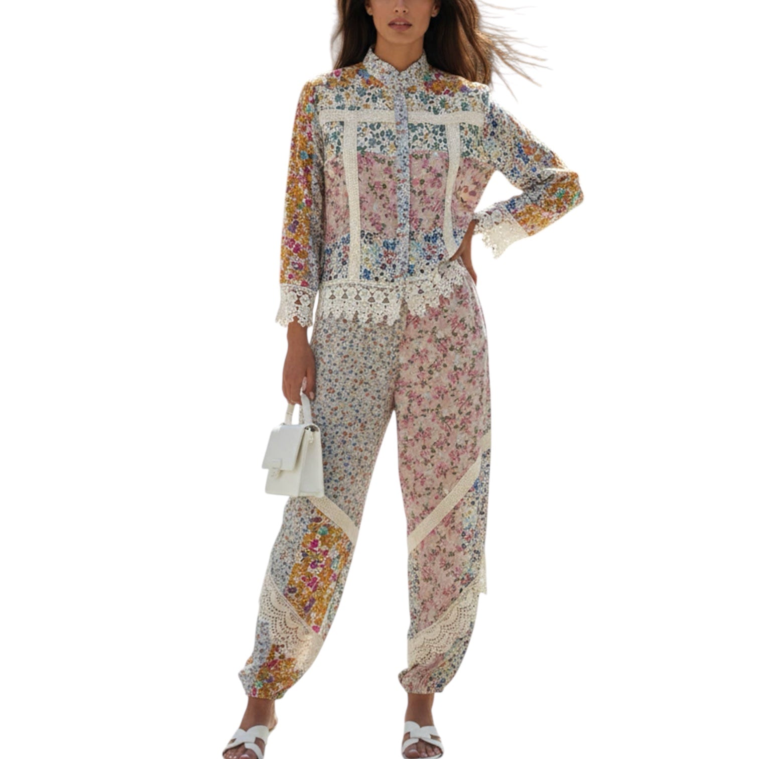 Woman wearing a floral outfit with lace details on a white background