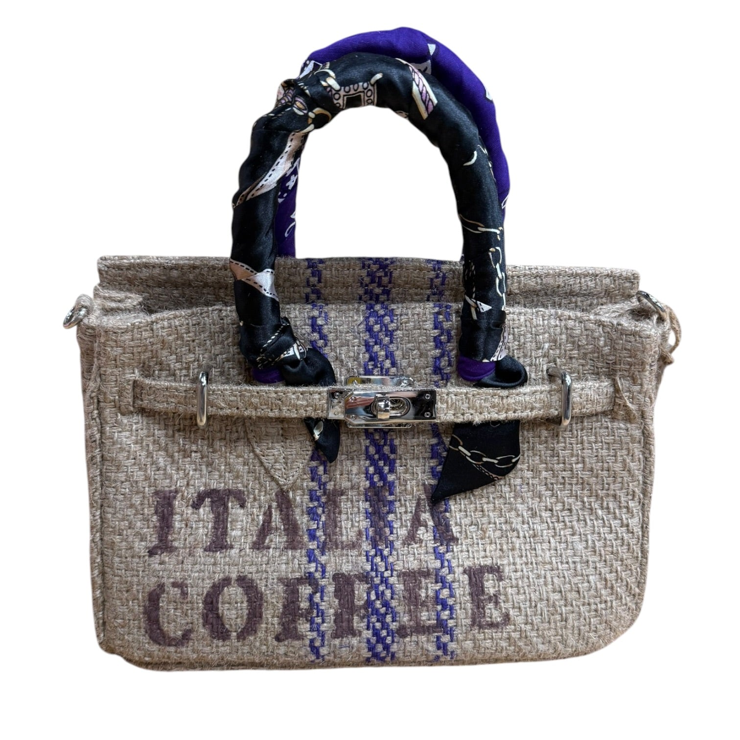 Handbag made from repurposed coffee bean bags with a decorative handle on a white background