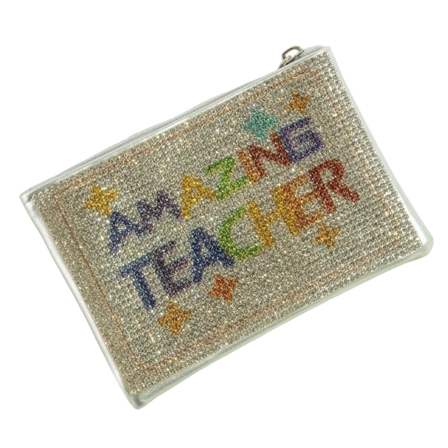Pouch with 'Amazing Teacher' text in colorful letters on a white background