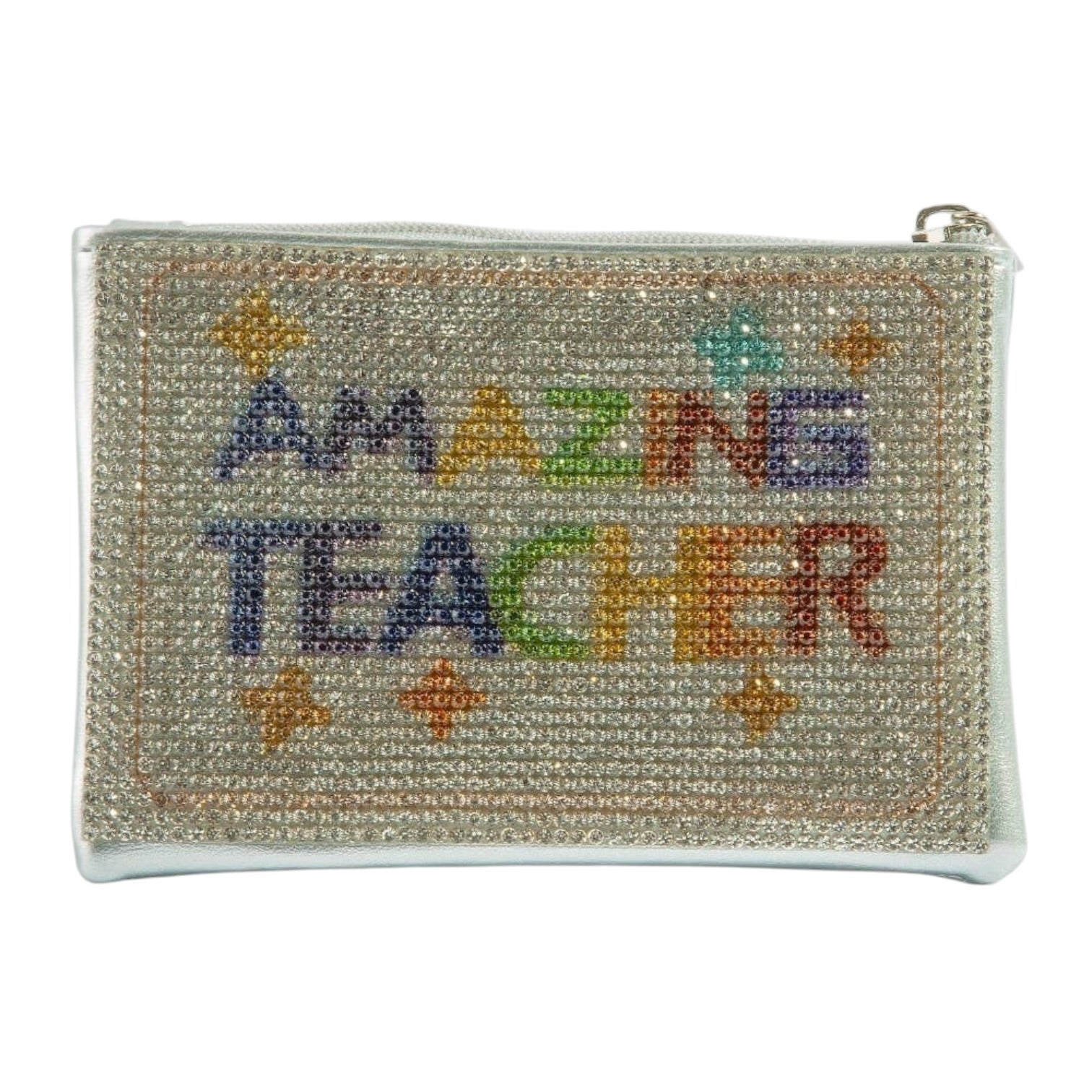 Pouch with 'Amazing Teacher' text and colorful letters on a white background