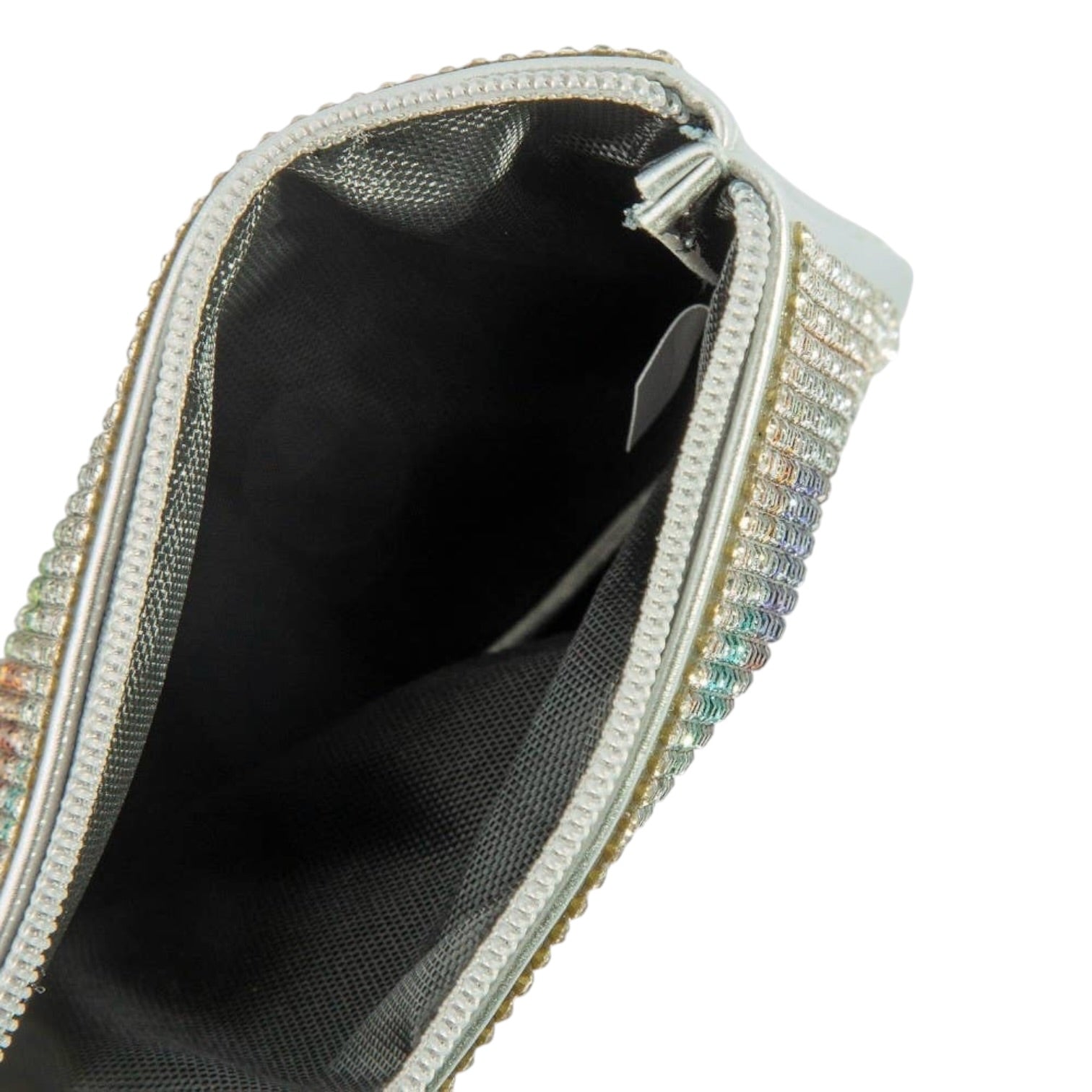 Close-up of a decorative pouch with embellished trim on a white background