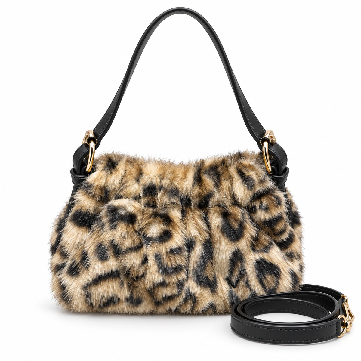 A leopard-print faux fur shoulder bag with a black leather handle and strap, accented by gold-tone hardware, shown on a white background.