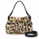 A leopard-print faux fur shoulder bag with a black leather handle and strap, accented by gold-tone hardware, shown on a white background.