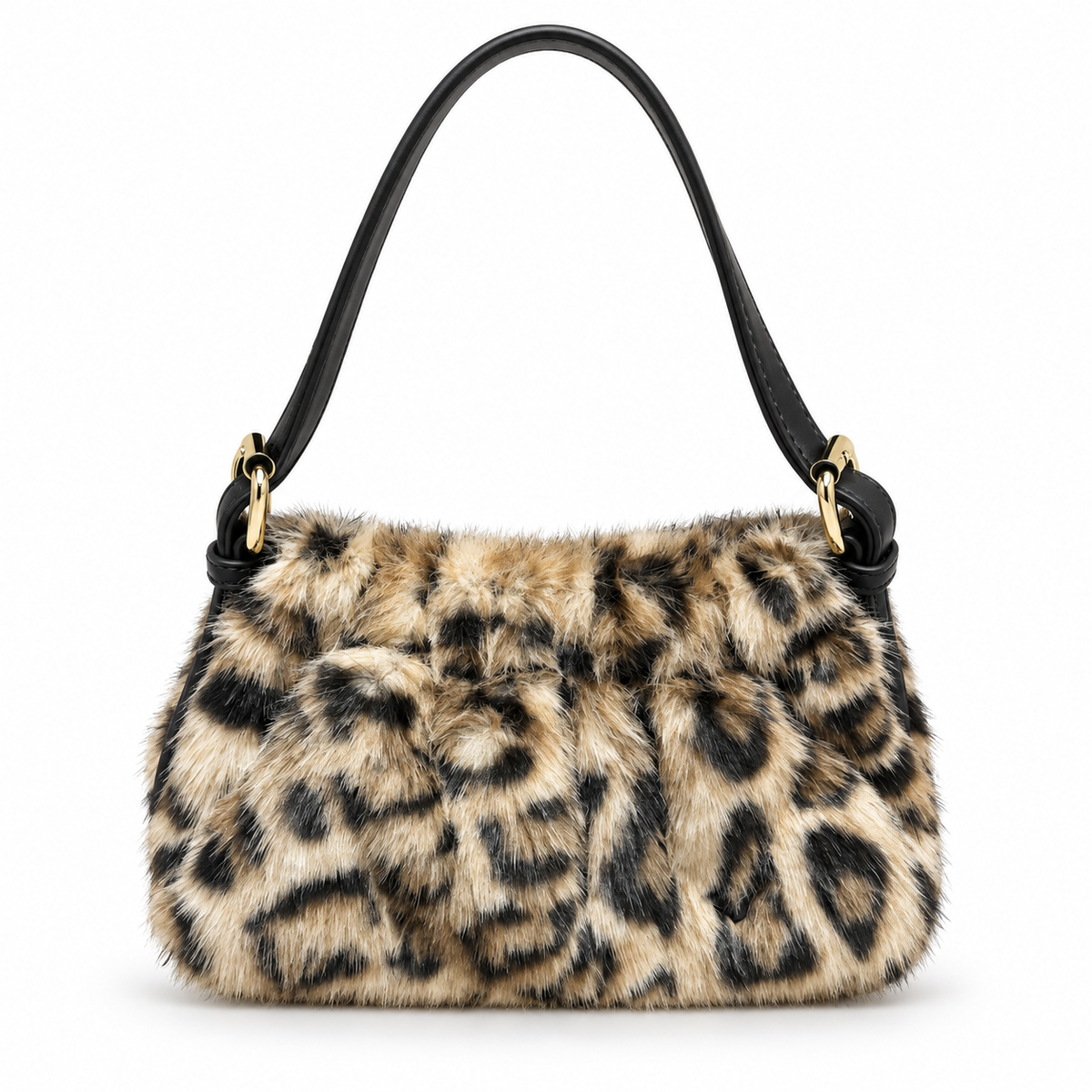 A leopard-print faux fur shoulder bag with a black leather strap and gold-tone hardware, shown against a plain white background.