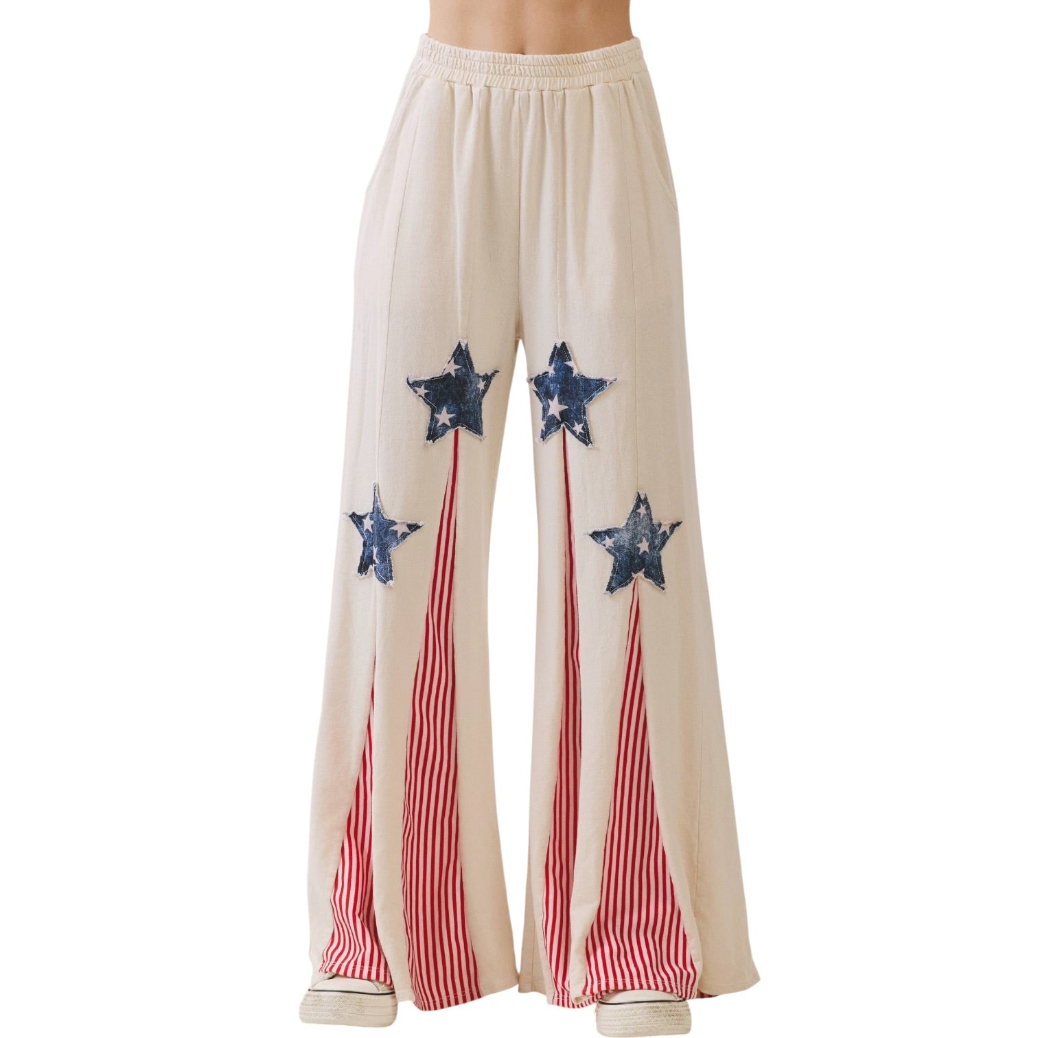 Beige pants with red and white stripes and blue stars on a white background