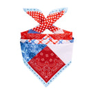 Patchwork bandana with red, blue, and white patterns on a white background