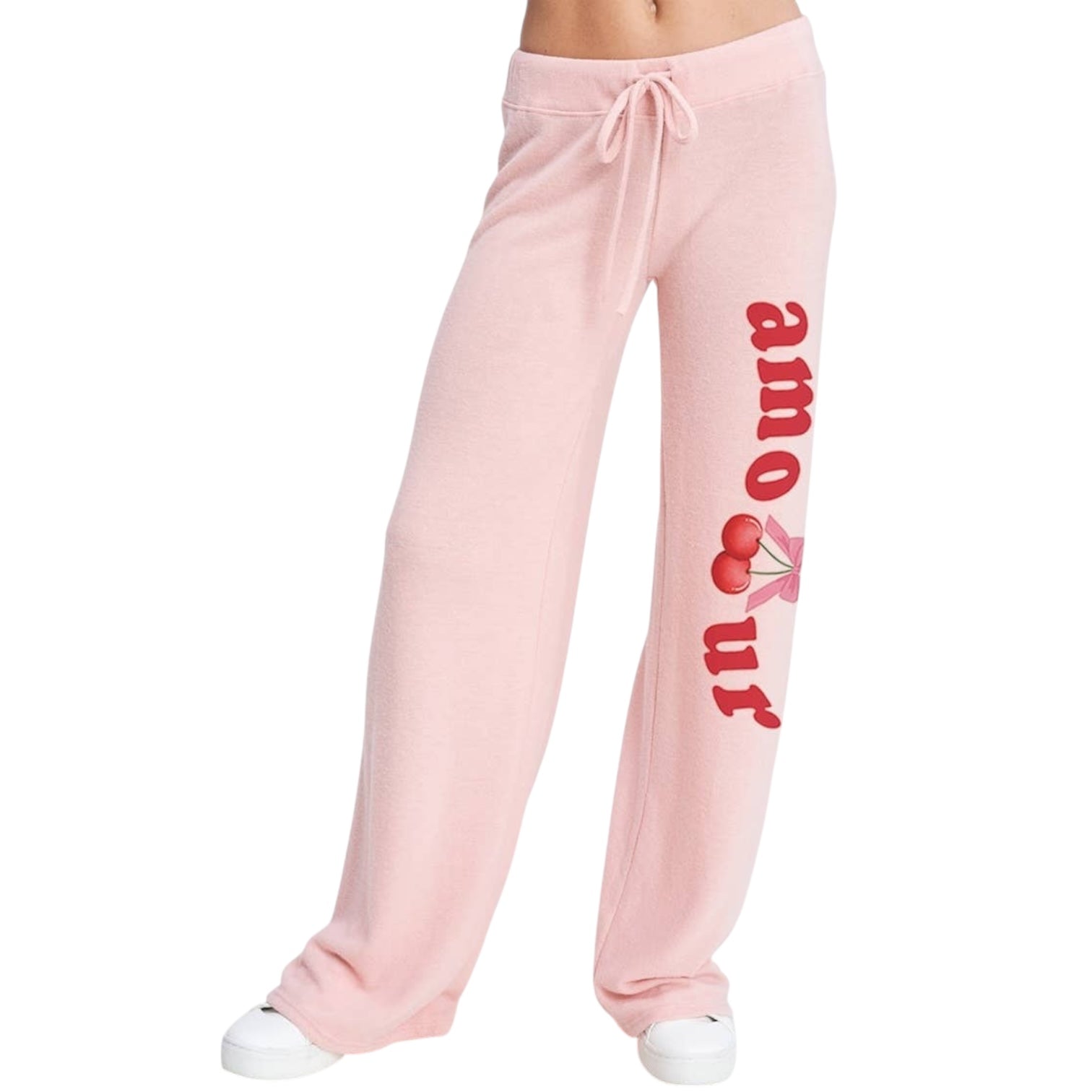 Pink bottoms with 'amour' and cherry design on a white background