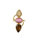 Gold ring with three colored gemstones on a white background